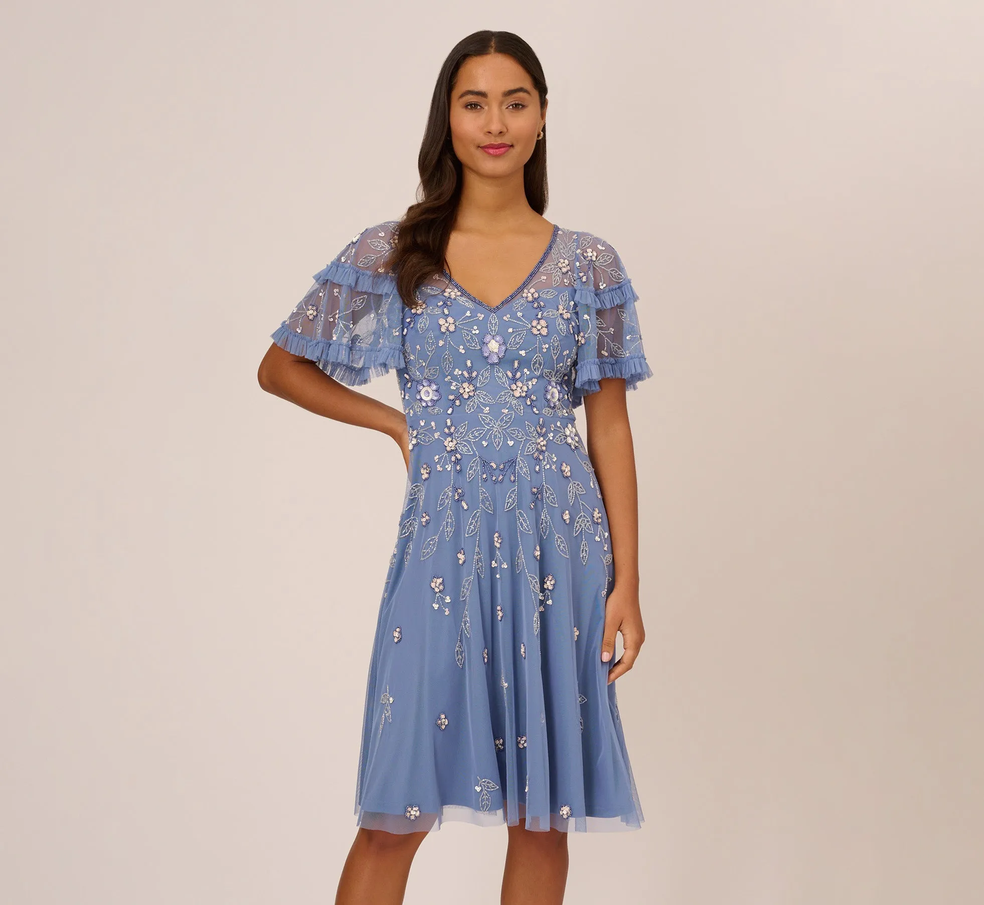 Beaded Midi Dress With Sheer Ruffled Sleeves In French Blue sold by Adrianna Papell