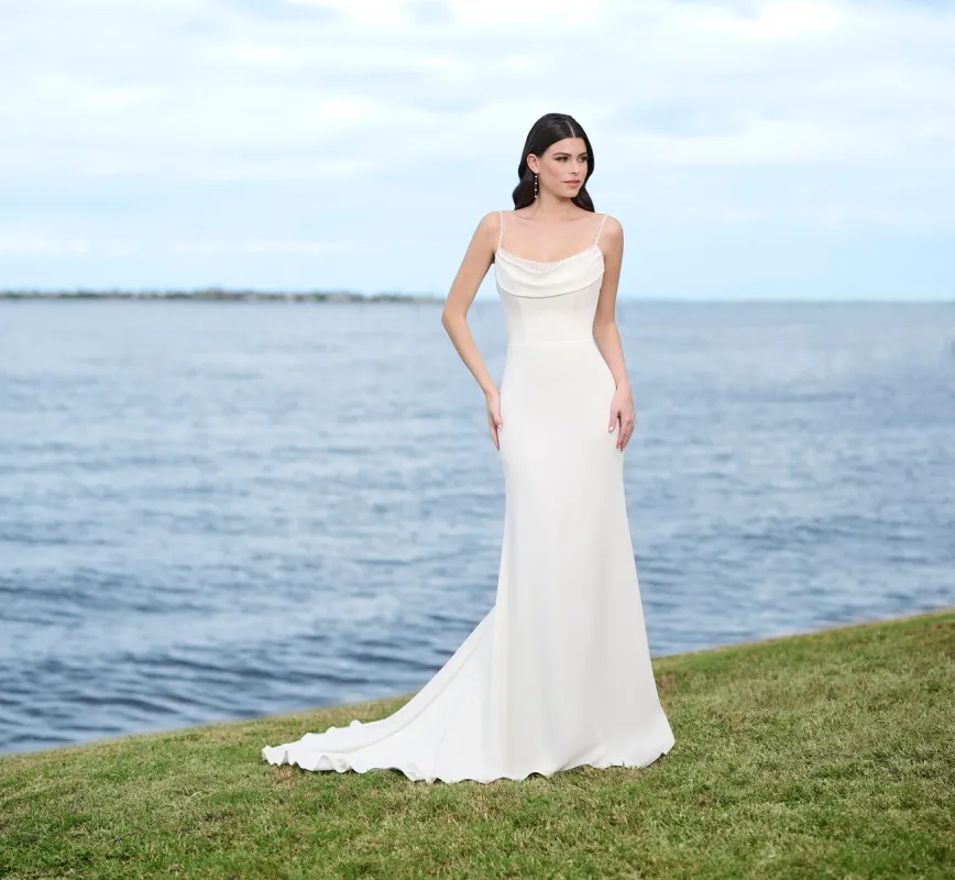 Stretch Crepe Gown With Cowl Drapes In Ivory Nude sold by Adrianna Papell