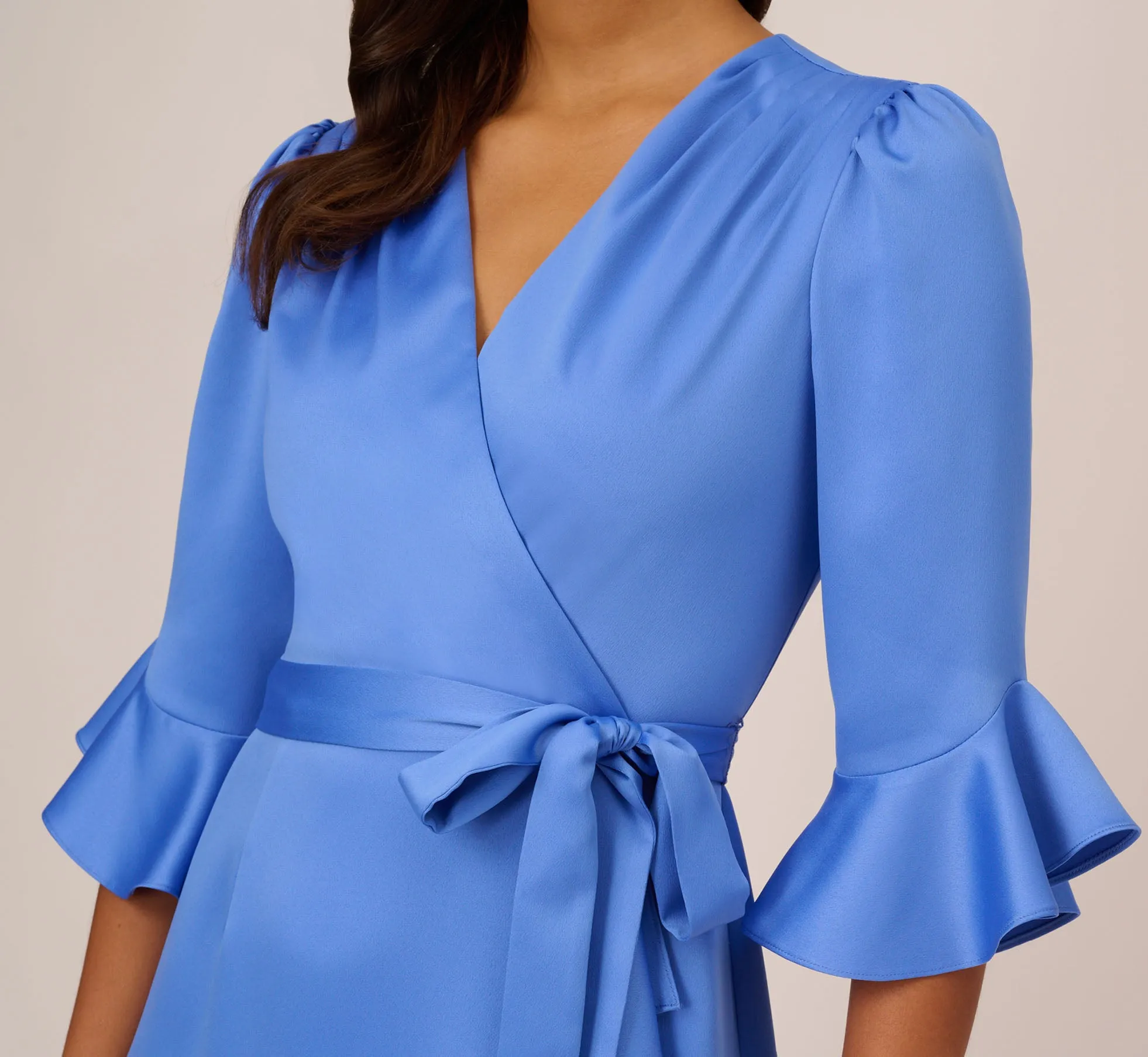 Satin Faux Wrap Dress With Ruffled Three-Quarter Sleeves In Precious Peri sold by Adrianna Papell product image thumbnail 5