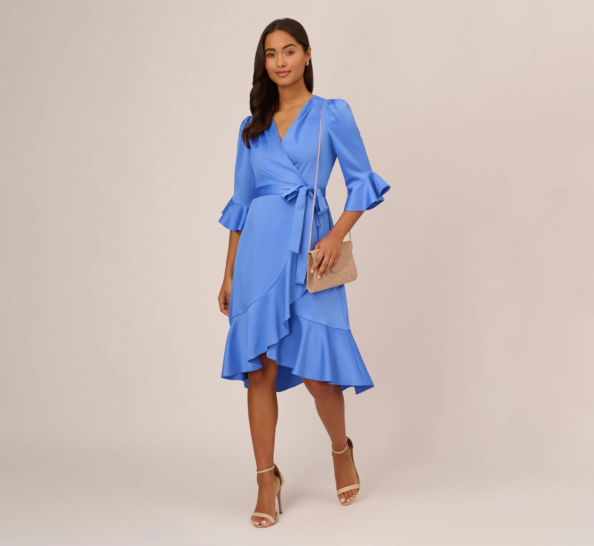 Satin Faux Wrap Dress With Ruffled Three-Quarter Sleeves In Precious Peri sold by Adrianna Papell product image thumbnail 2