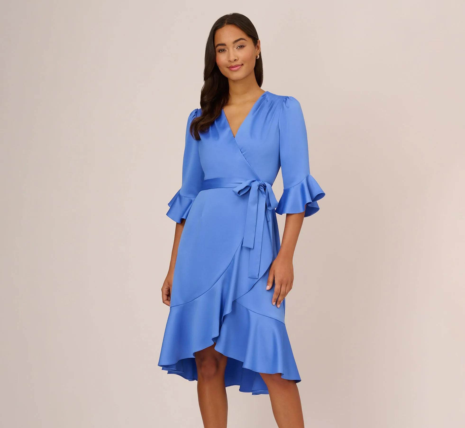 Satin Faux Wrap Dress With Ruffled Three-Quarter Sleeves In Precious Peri sold by Adrianna Papell