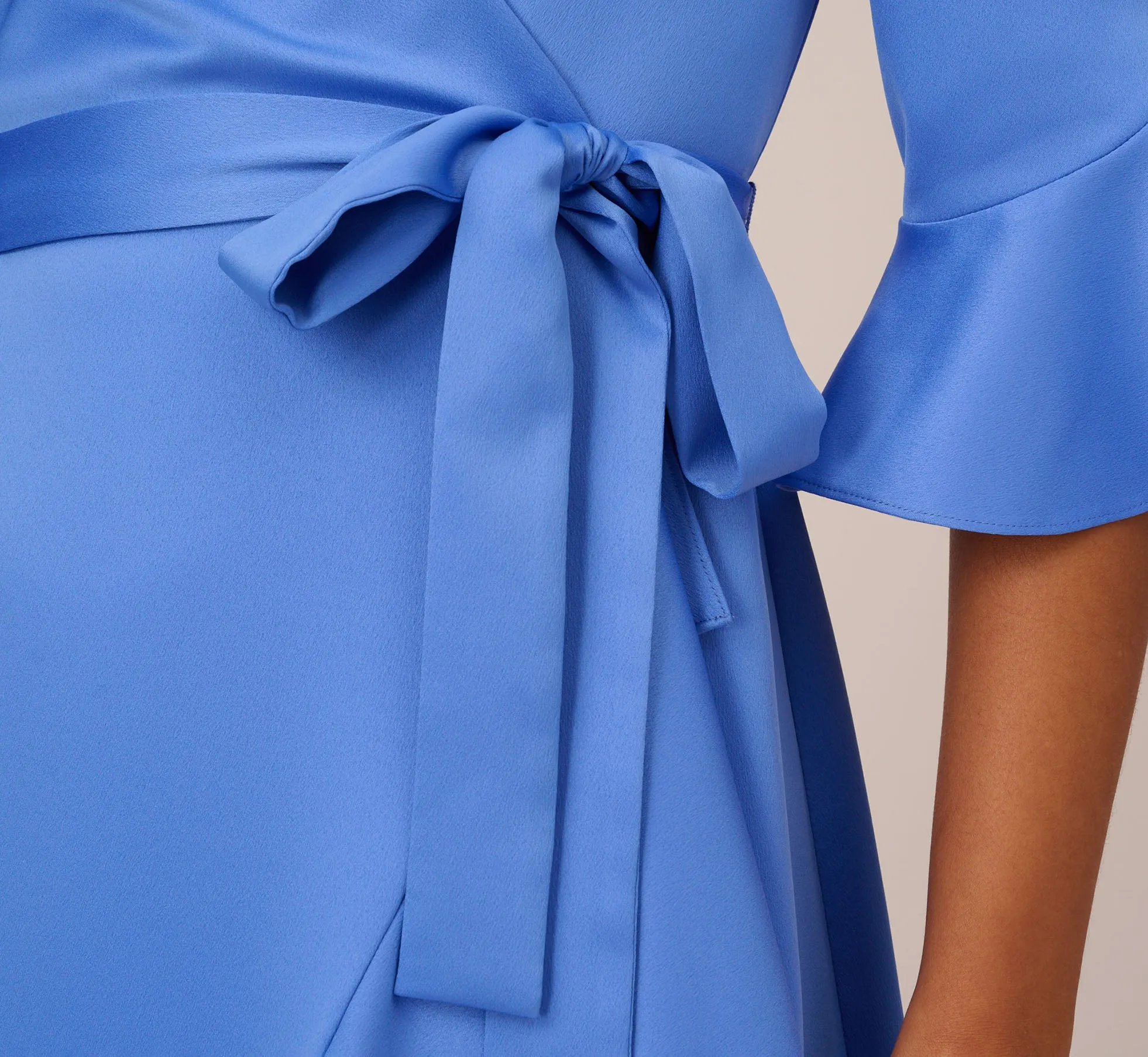 Satin Faux Wrap Dress With Ruffled Three-Quarter Sleeves In Precious Peri sold by Adrianna Papell product image thumbnail 3