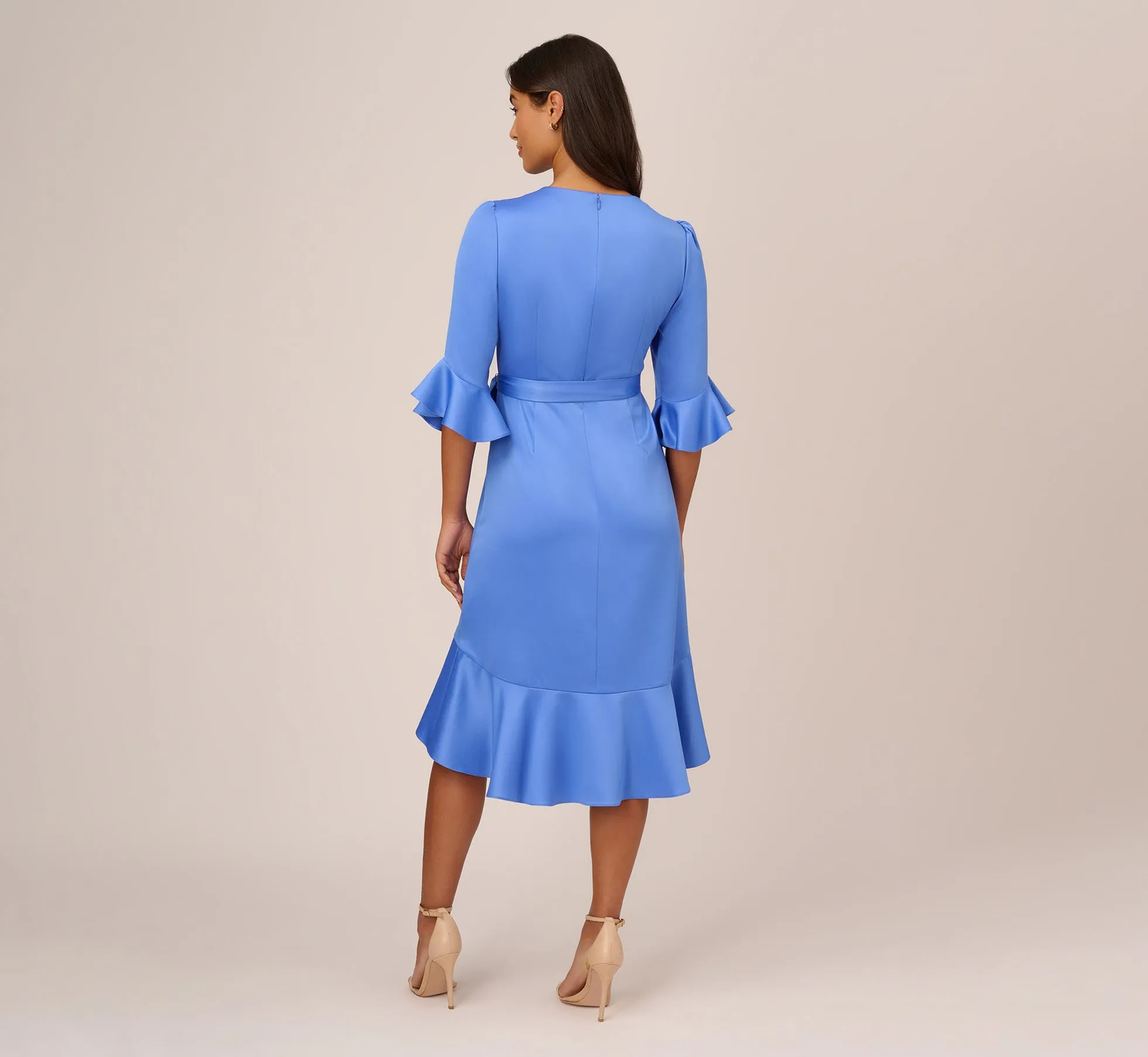 Satin Faux Wrap Dress With Ruffled Three-Quarter Sleeves In Precious Peri sold by Adrianna Papell product image thumbnail 4