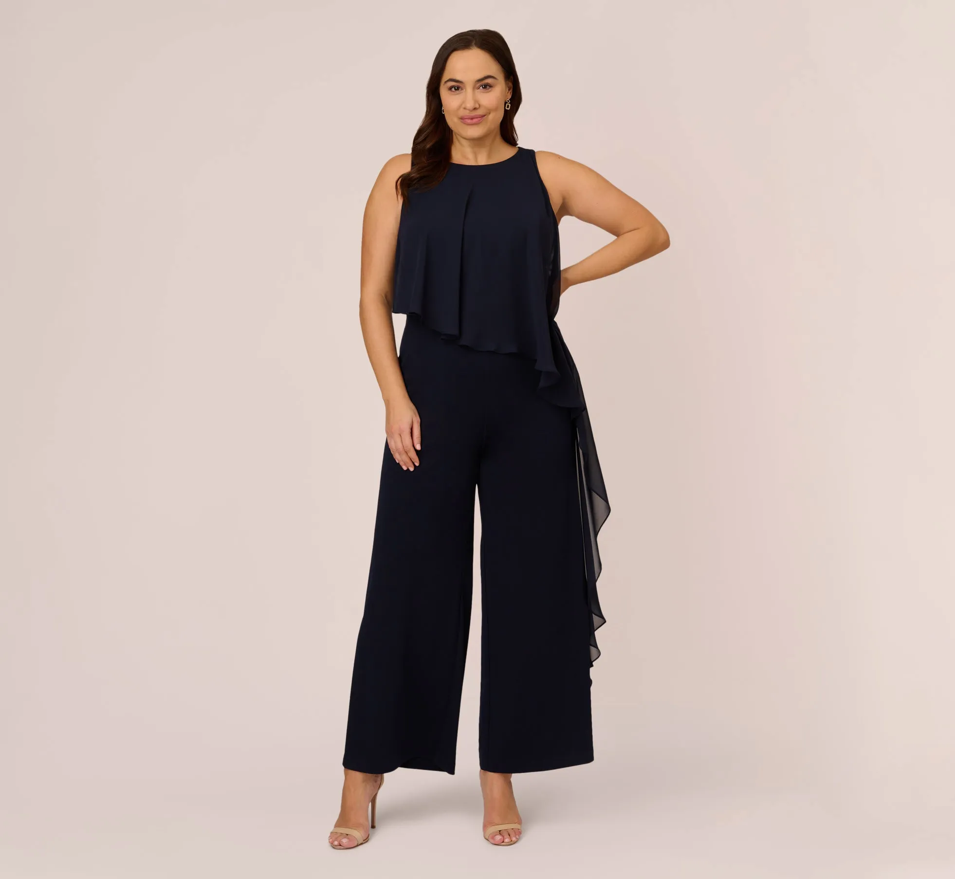 Plus Size Chiffon And Crepe Wide Leg Jumpsuit In Midnight sold by Adrianna Papell