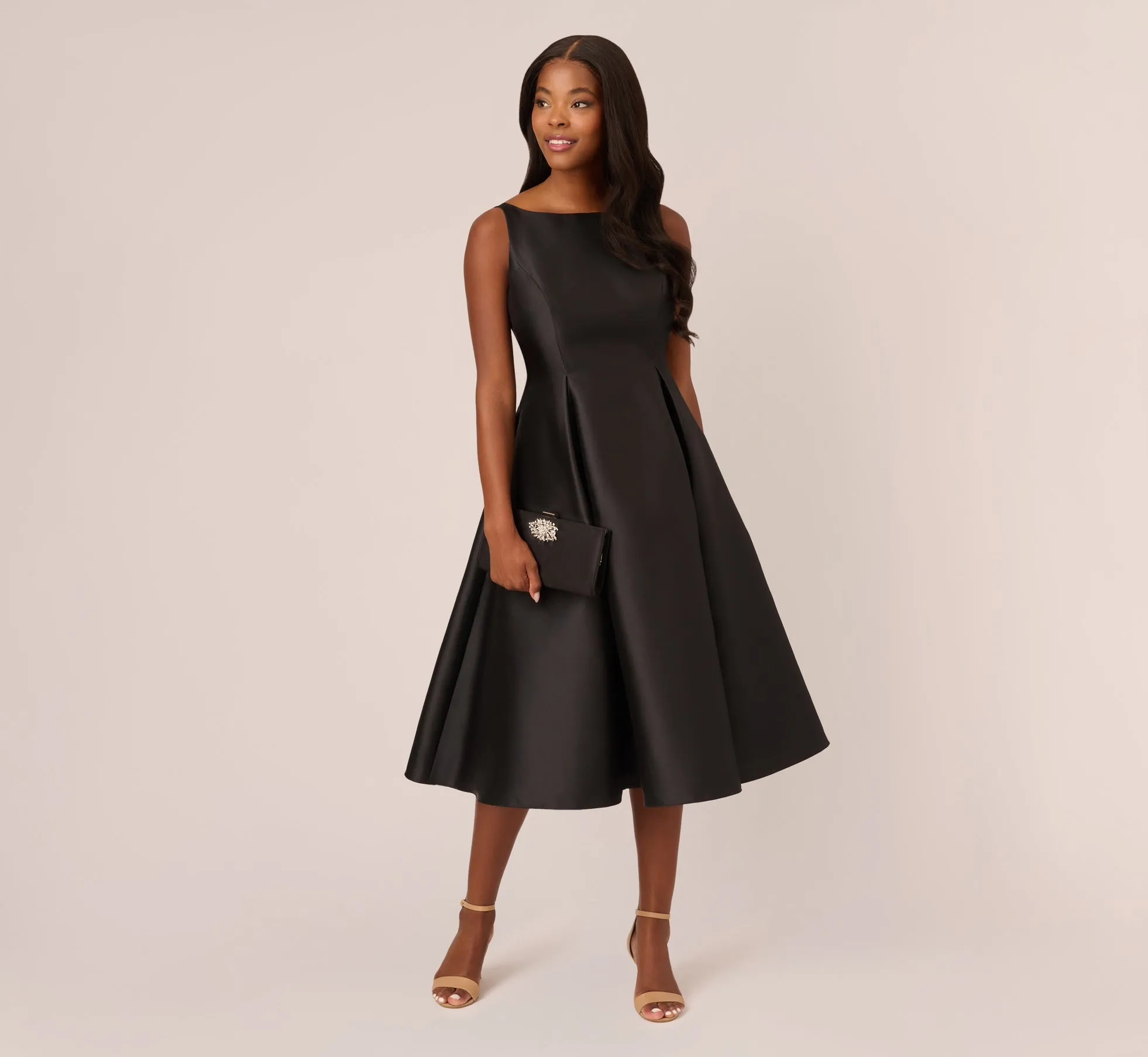 Sleeveless Mikado Fit And Flare Midi Dress With V-Back In Black sold by Adrianna Papell product image thumbnail 3