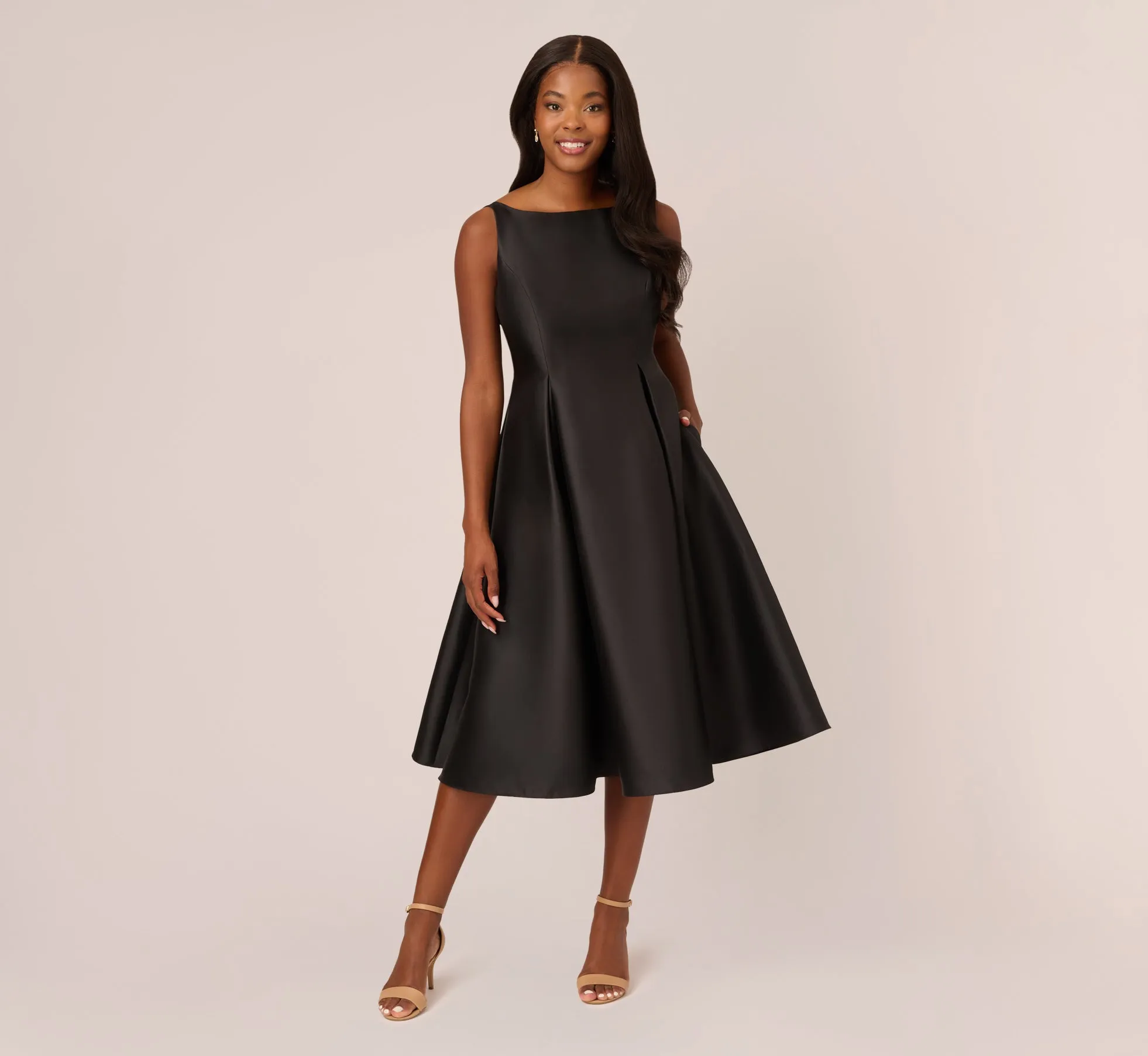 Sleeveless Mikado Fit And Flare Midi Dress With V-Back In Black sold by Adrianna Papell product image thumbnail 2