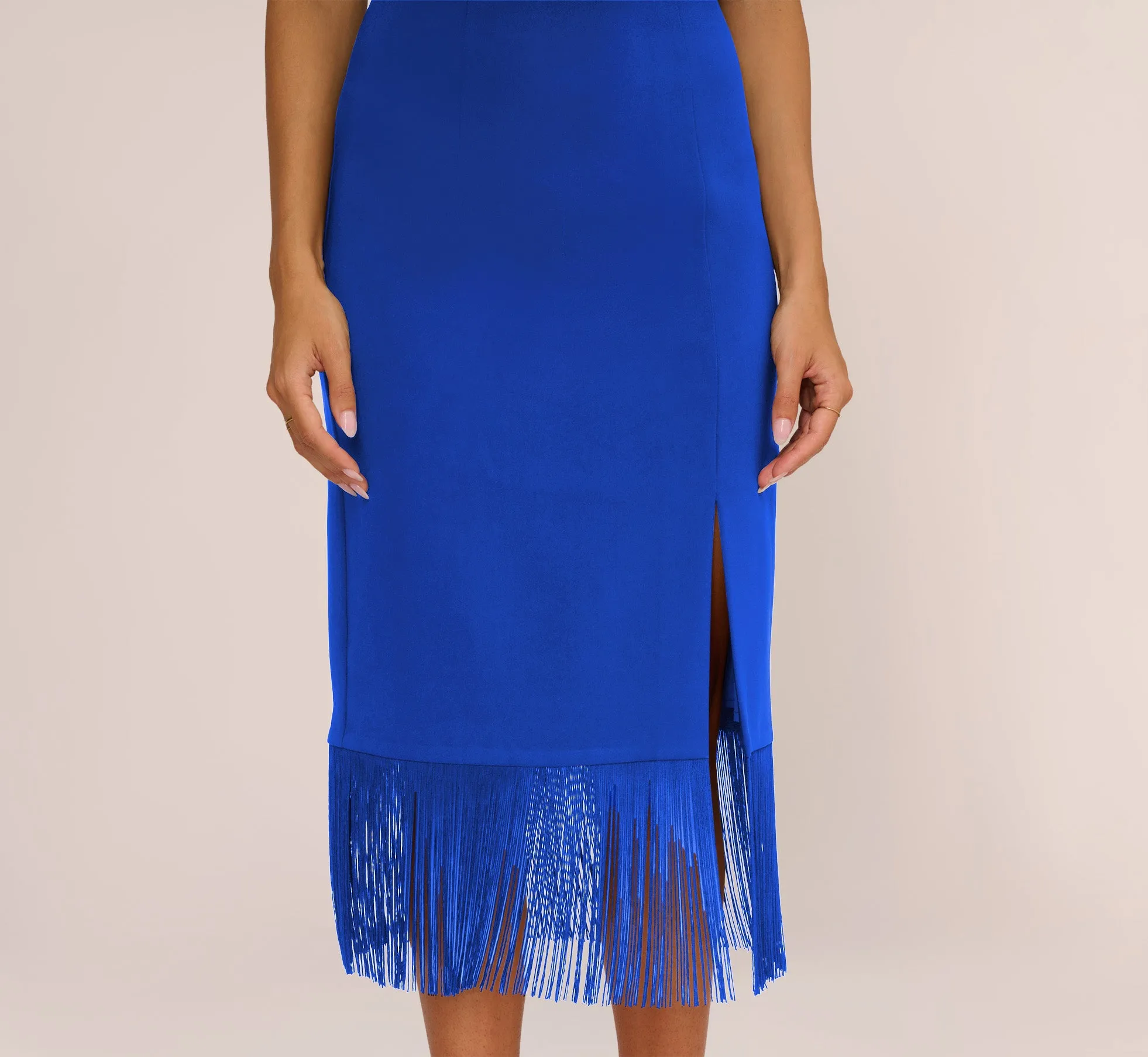 Crepe Popover Midi Dress With Fringe Trim In Royal Sapphire sold by Adrianna Papell product image thumbnail 5