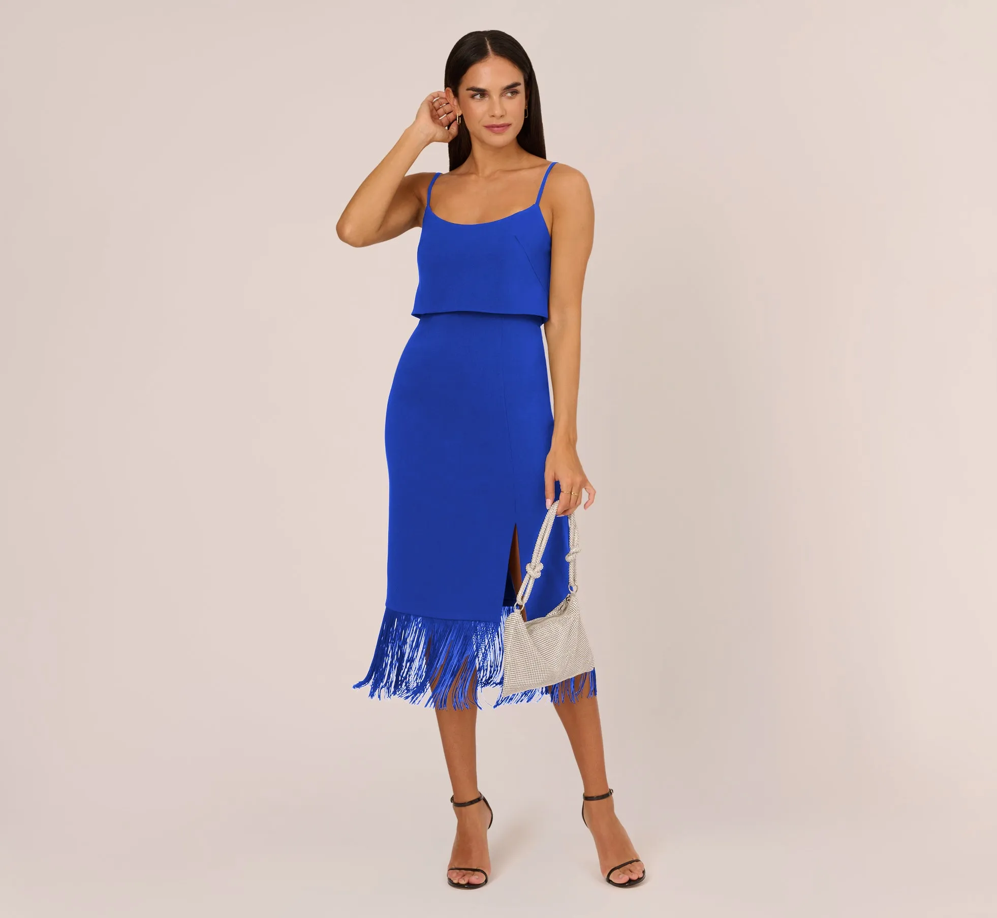 Crepe Popover Midi Dress With Fringe Trim In Royal Sapphire sold by Adrianna Papell product image thumbnail 2