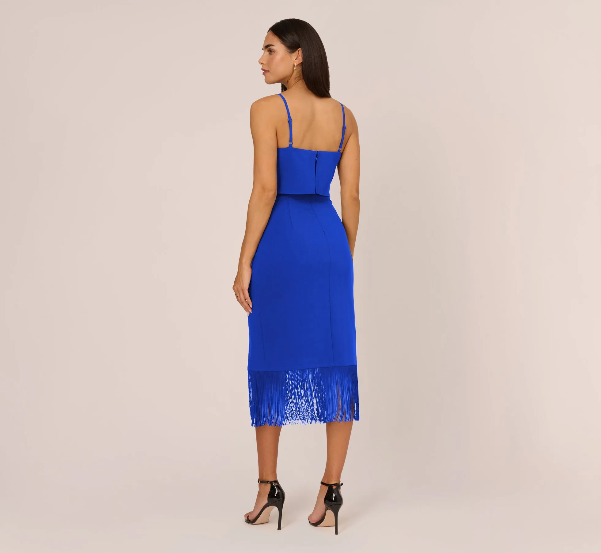 Crepe Popover Midi Dress With Fringe Trim In Royal Sapphire sold by Adrianna Papell product image thumbnail 4