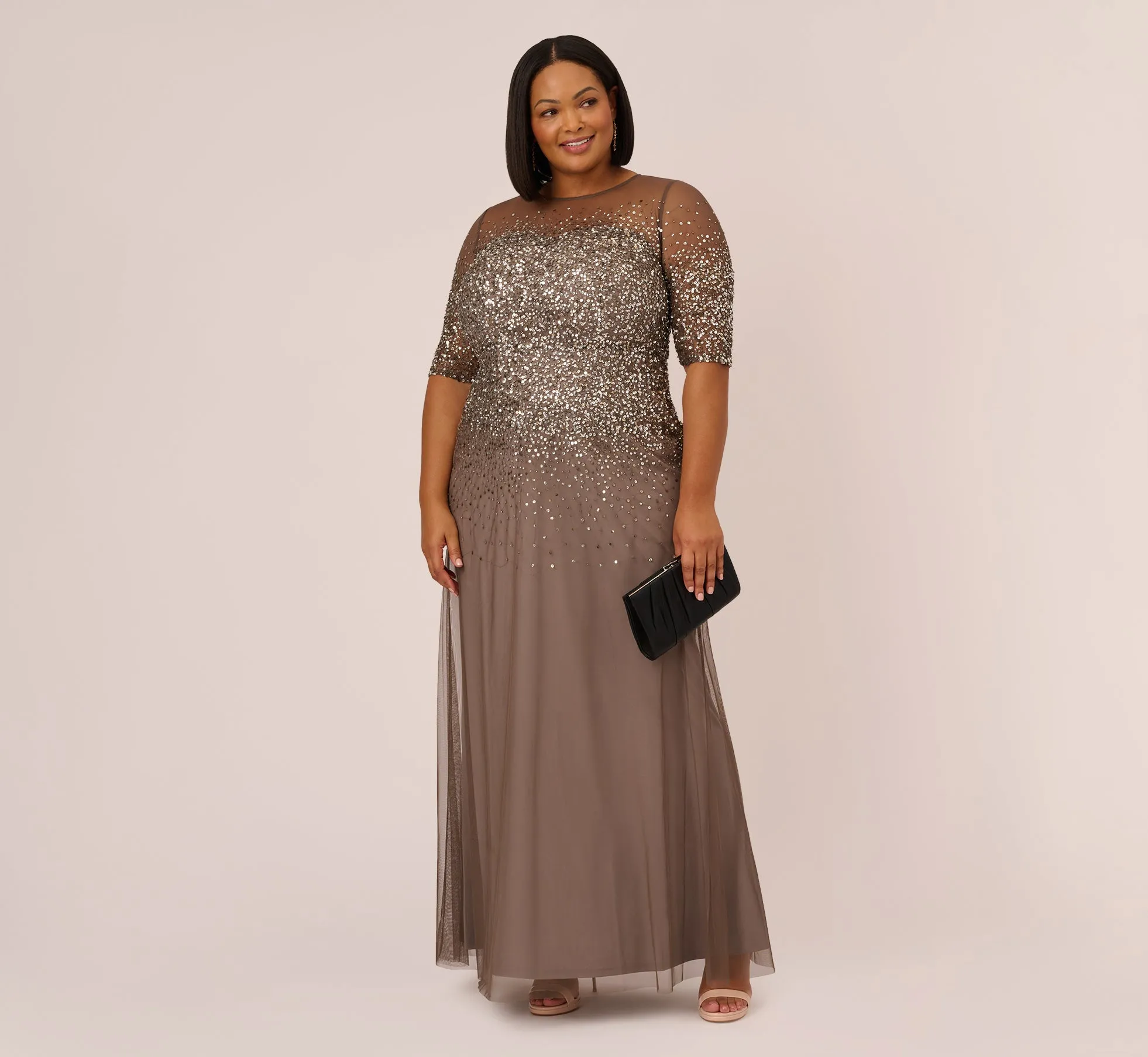 Plus Size Beaded Illusion Gown In Lead sold by Adrianna Papell product image thumbnail 2