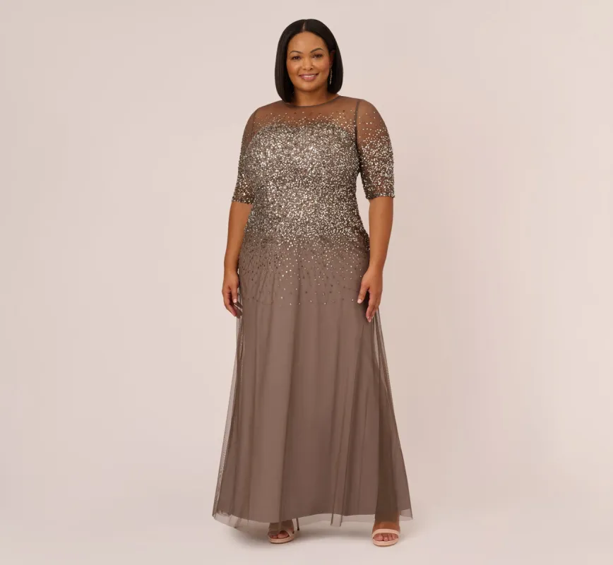 Plus Size Beaded Illusion Gown In Lead sold by Adrianna Papell