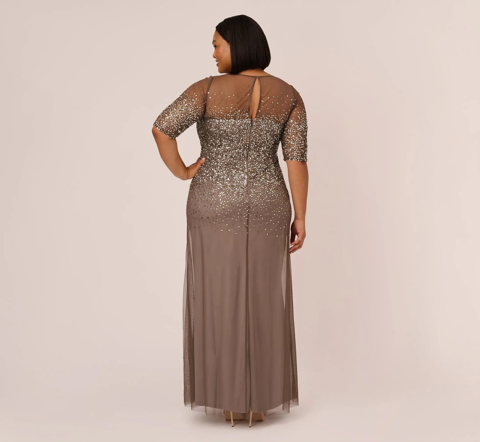 Plus Size Beaded Illusion Gown In Lead sold by Adrianna Papell product image thumbnail 4