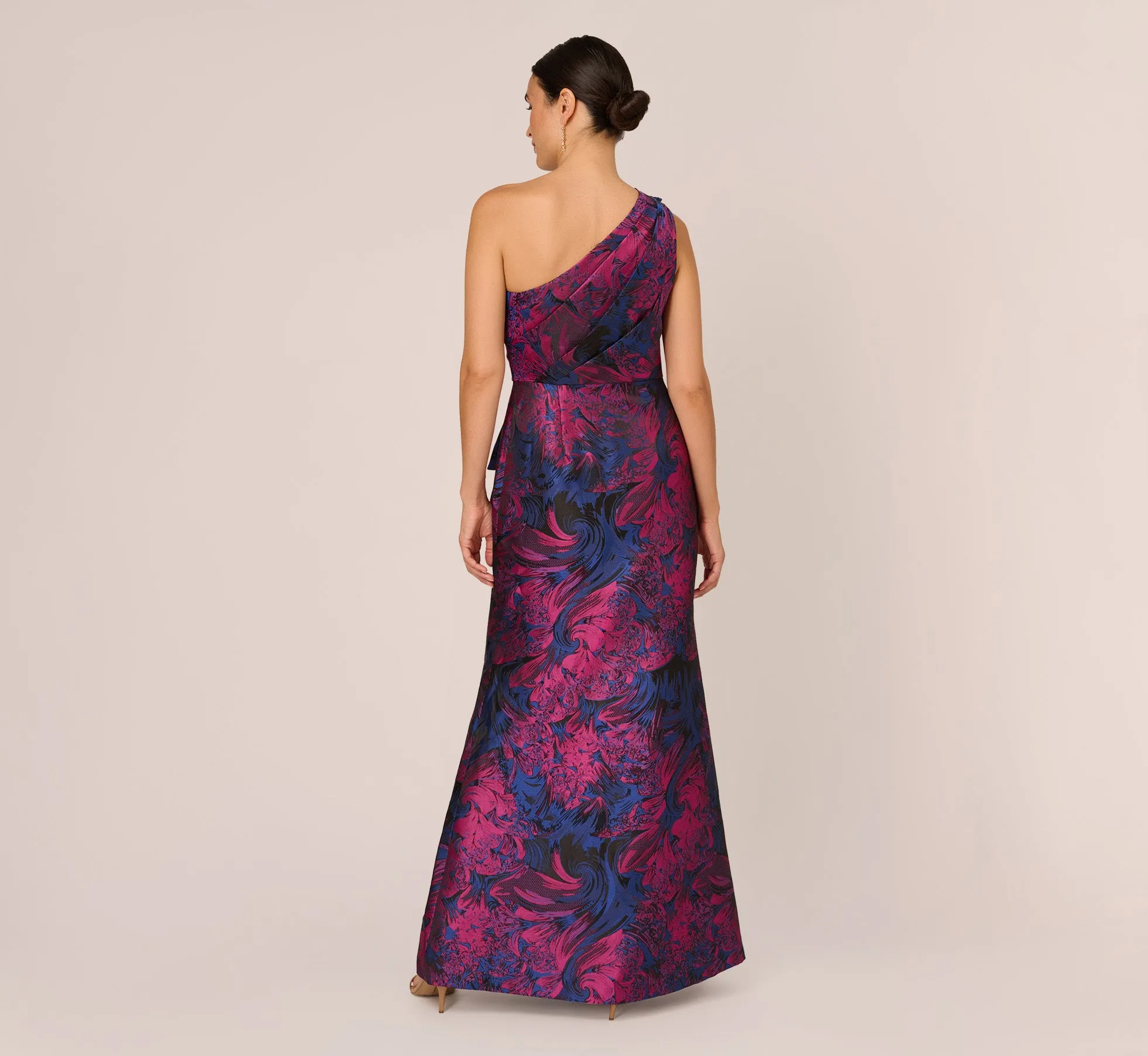 One Shoulder Jacquard Mermaid Gown With Drape Detail In Navy Orchid sold by Adrianna Papell product image thumbnail 5