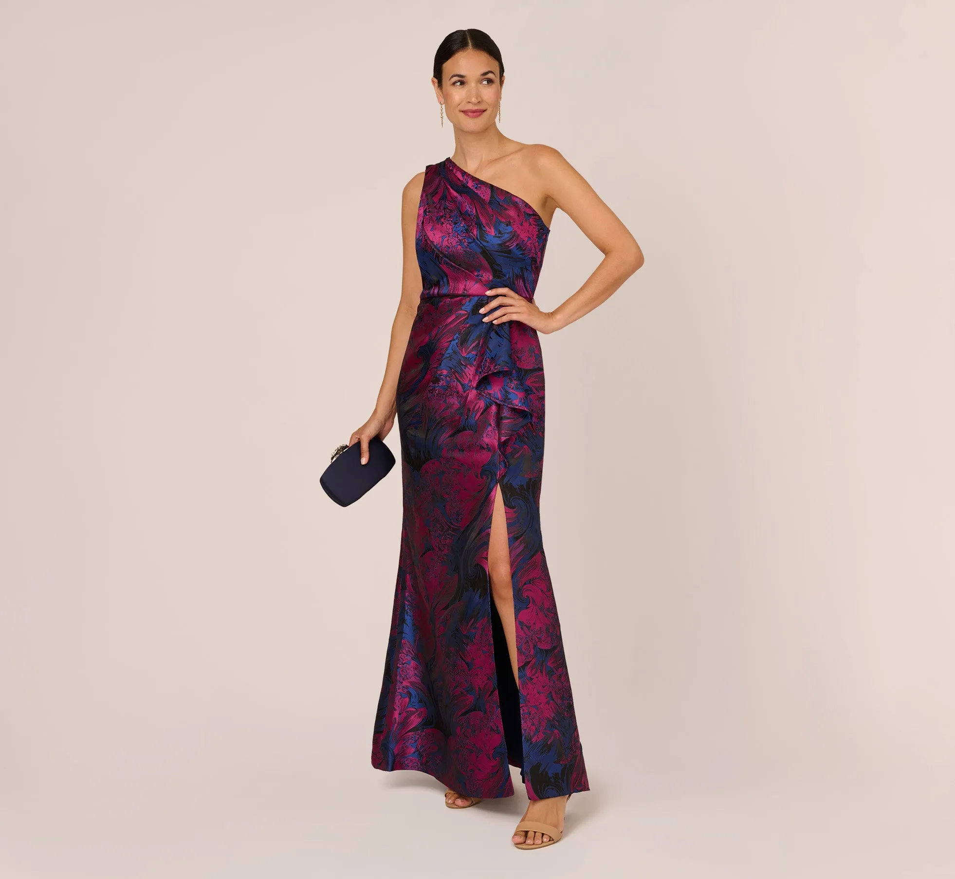 One Shoulder Jacquard Mermaid Gown With Drape Detail In Navy Orchid sold by Adrianna Papell product image thumbnail 3