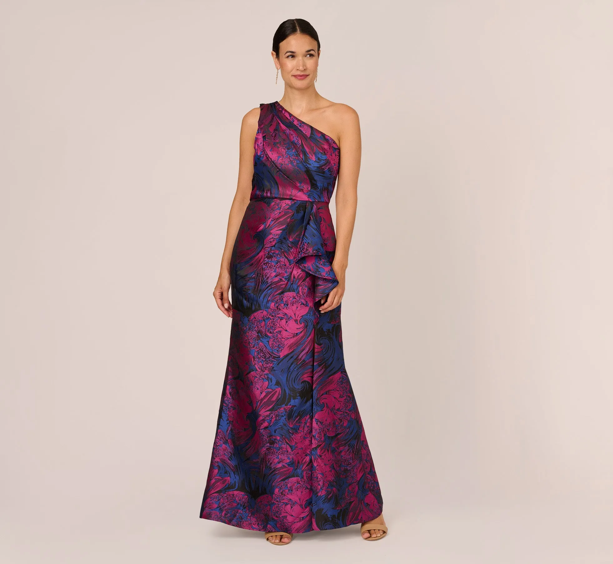 One Shoulder Jacquard Mermaid Gown With Drape Detail In Navy Orchid sold by Adrianna Papell product image thumbnail 2