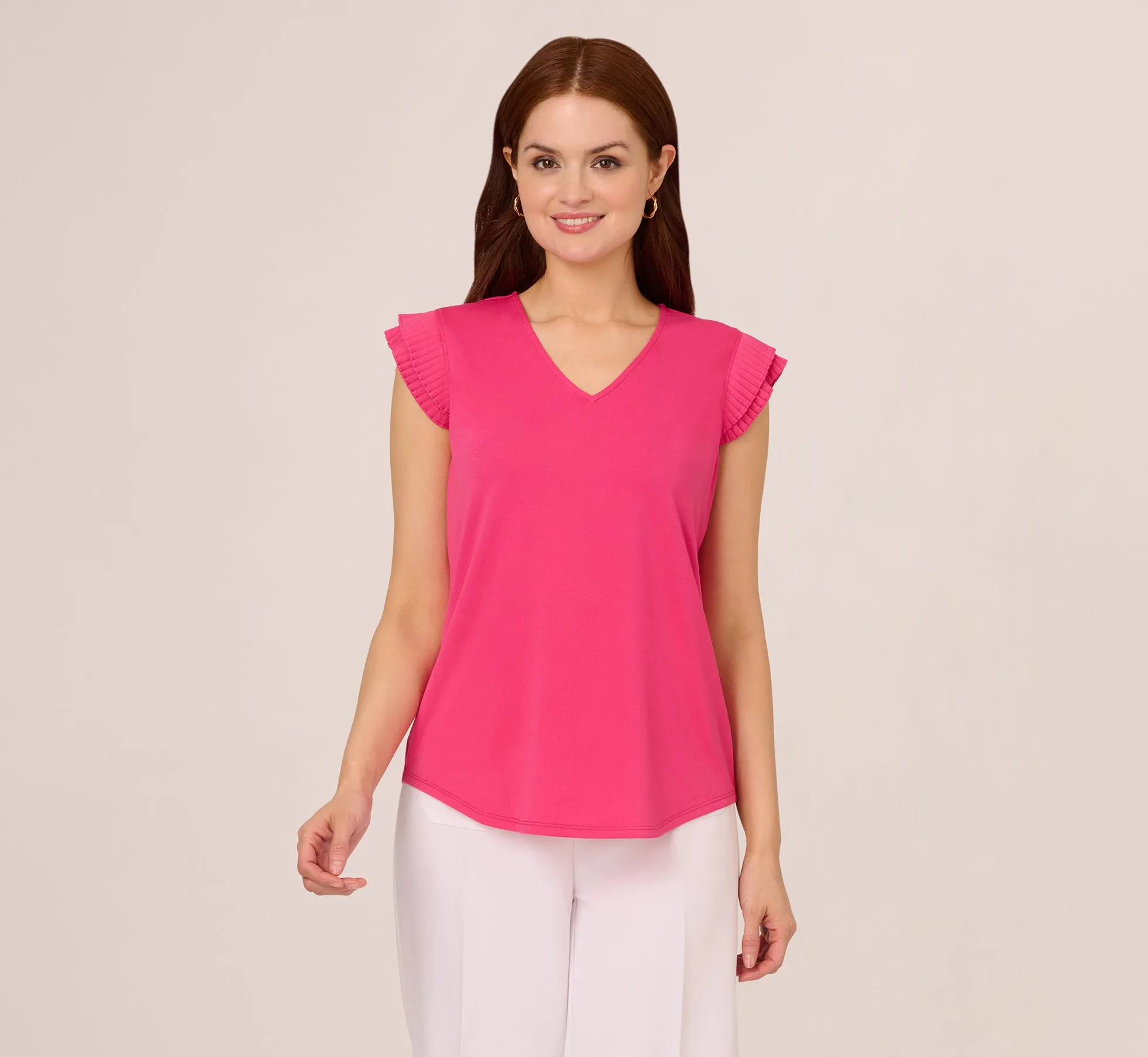 V-Neck Top With Pleated Flutter Sleeves In Fuchsia Fedora sold by Adrianna Papell