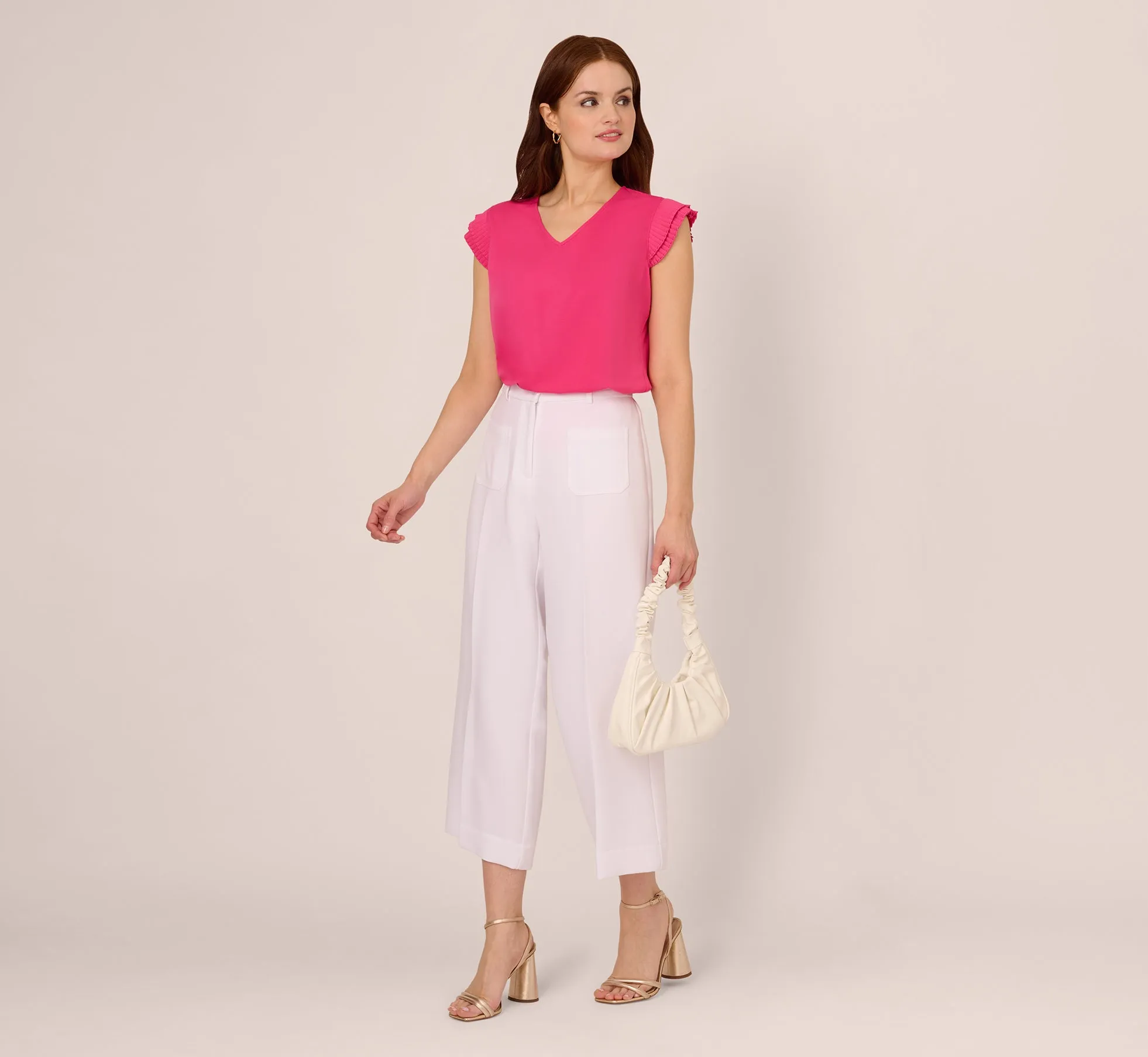 V-Neck Top With Pleated Flutter Sleeves In Fuchsia Fedora sold by Adrianna Papell product image thumbnail 2