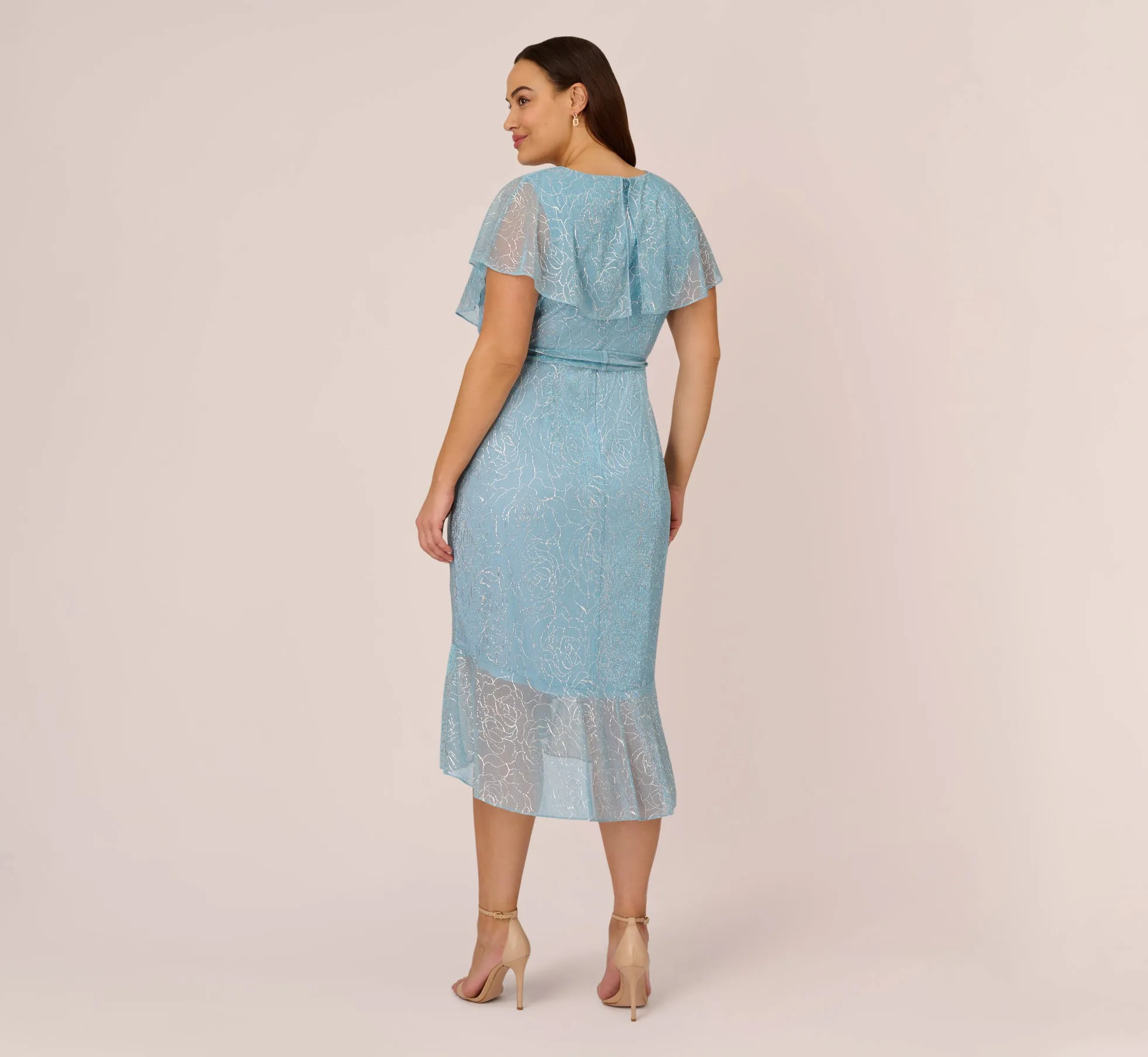 Plus Size Floral Metallic Stencil Midi-Length Mermaid Dress With Capelet In Light Blue sold by Adrianna Papell product image thumbnail 4