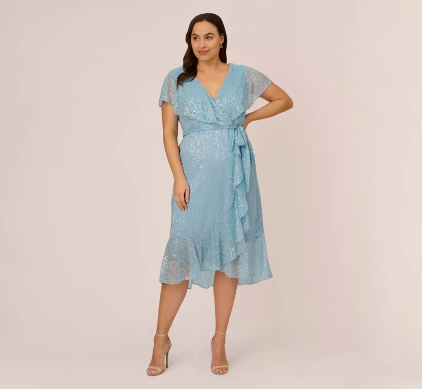 Plus Size Floral Metallic Stencil Midi-Length Mermaid Dress With Capelet In Light Blue sold by Adrianna Papell