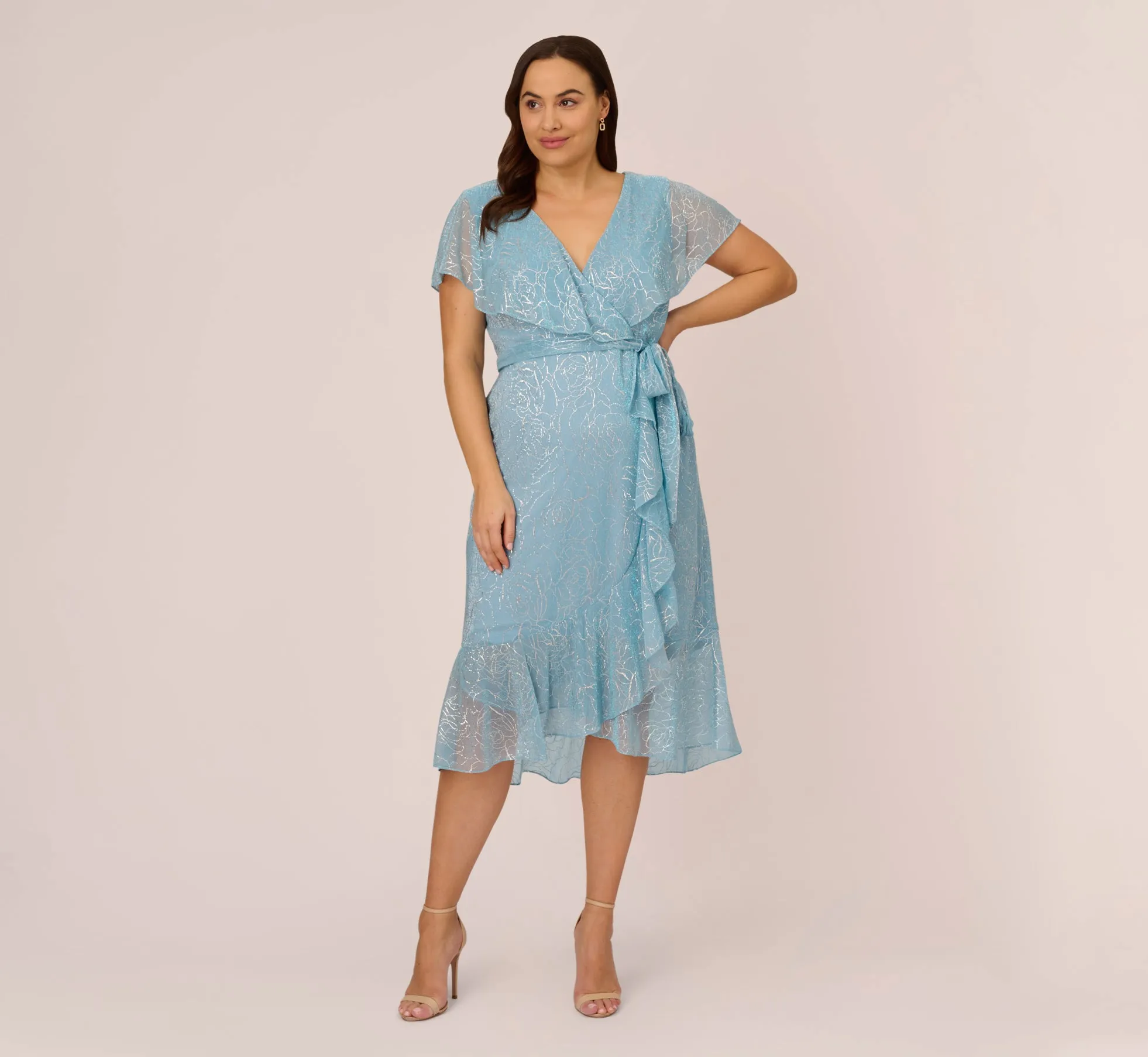 Plus Size Floral Metallic Stencil Midi-Length Mermaid Dress With Capelet In Light Blue sold by Adrianna Papell