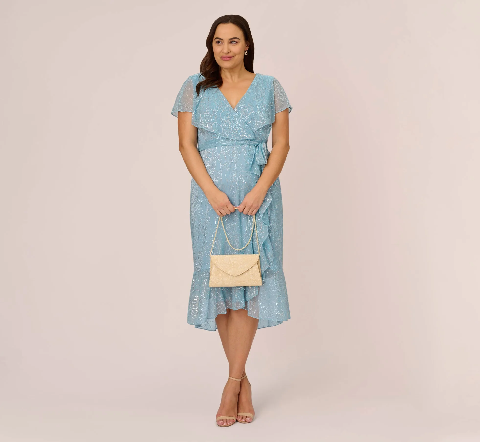 Plus Size Floral Metallic Stencil Midi-Length Mermaid Dress With Capelet In Light Blue sold by Adrianna Papell product image thumbnail 2