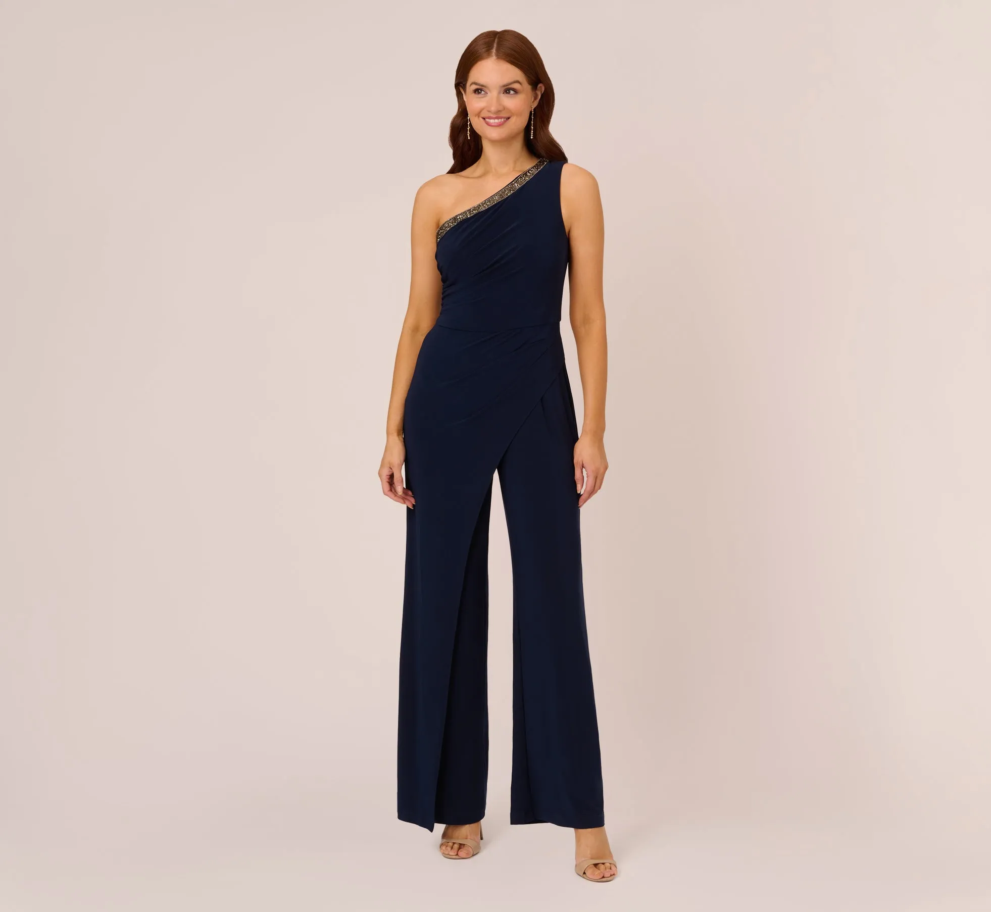 Beaded One-Shoulder Matte Jersey Jumpsuit In Midnight sold by Adrianna Papell