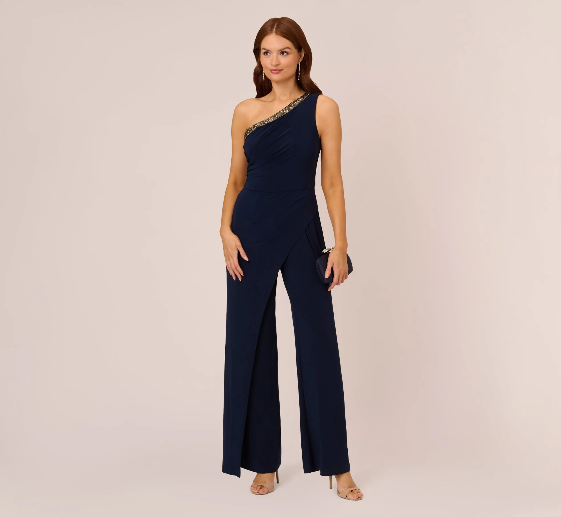 Beaded One-Shoulder Matte Jersey Jumpsuit In Midnight sold by Adrianna Papell product image thumbnail 2