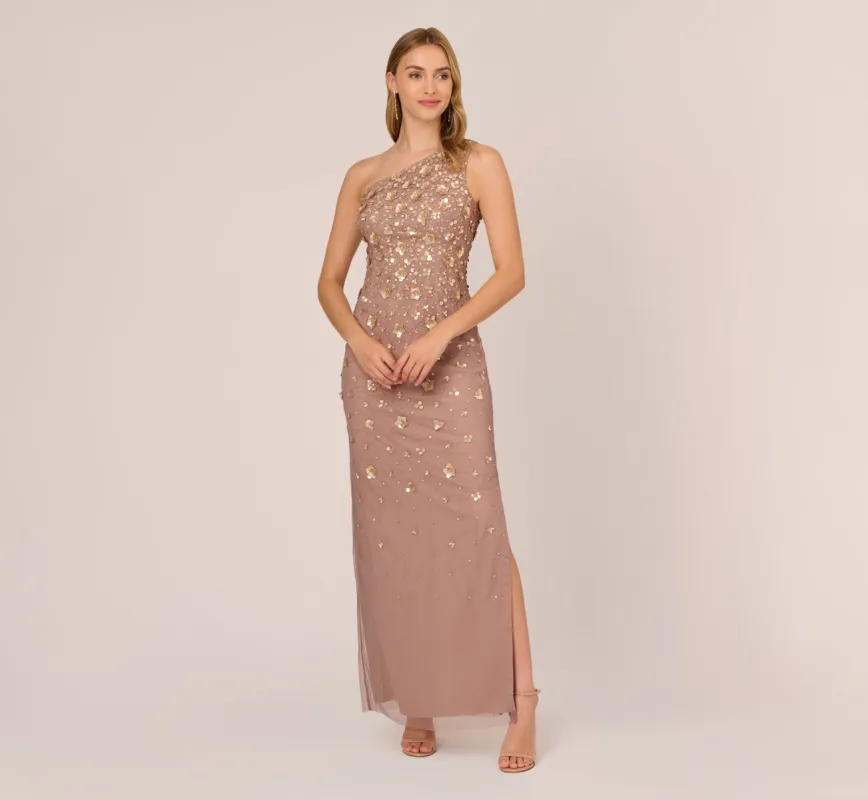 3D Floral Hand-Beaded One-Shoulder Long Column Gown In Stone sold by Adrianna Papell