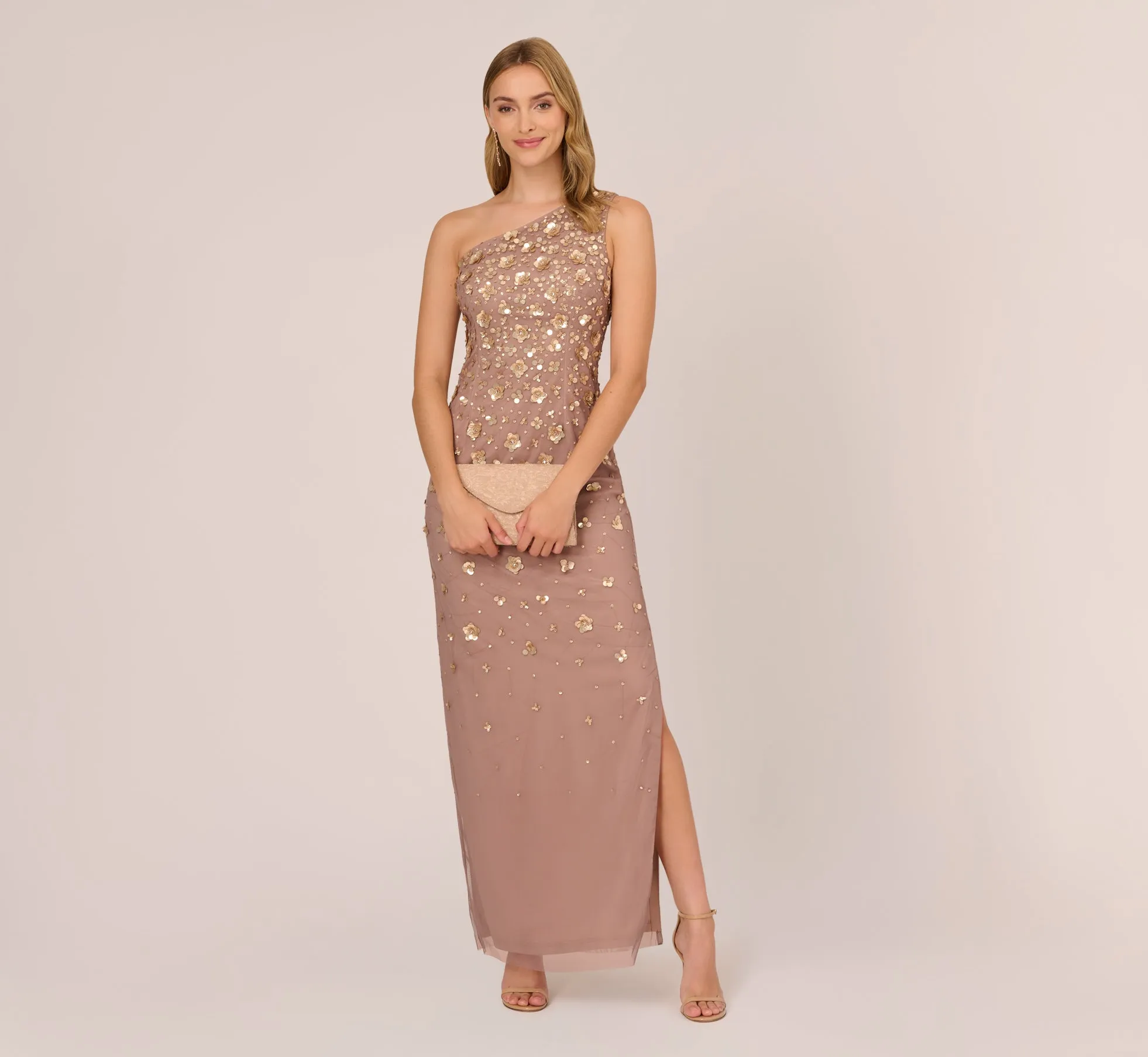 3D Floral Hand-Beaded One-Shoulder Long Column Gown In Stone sold by Adrianna Papell product image thumbnail 2