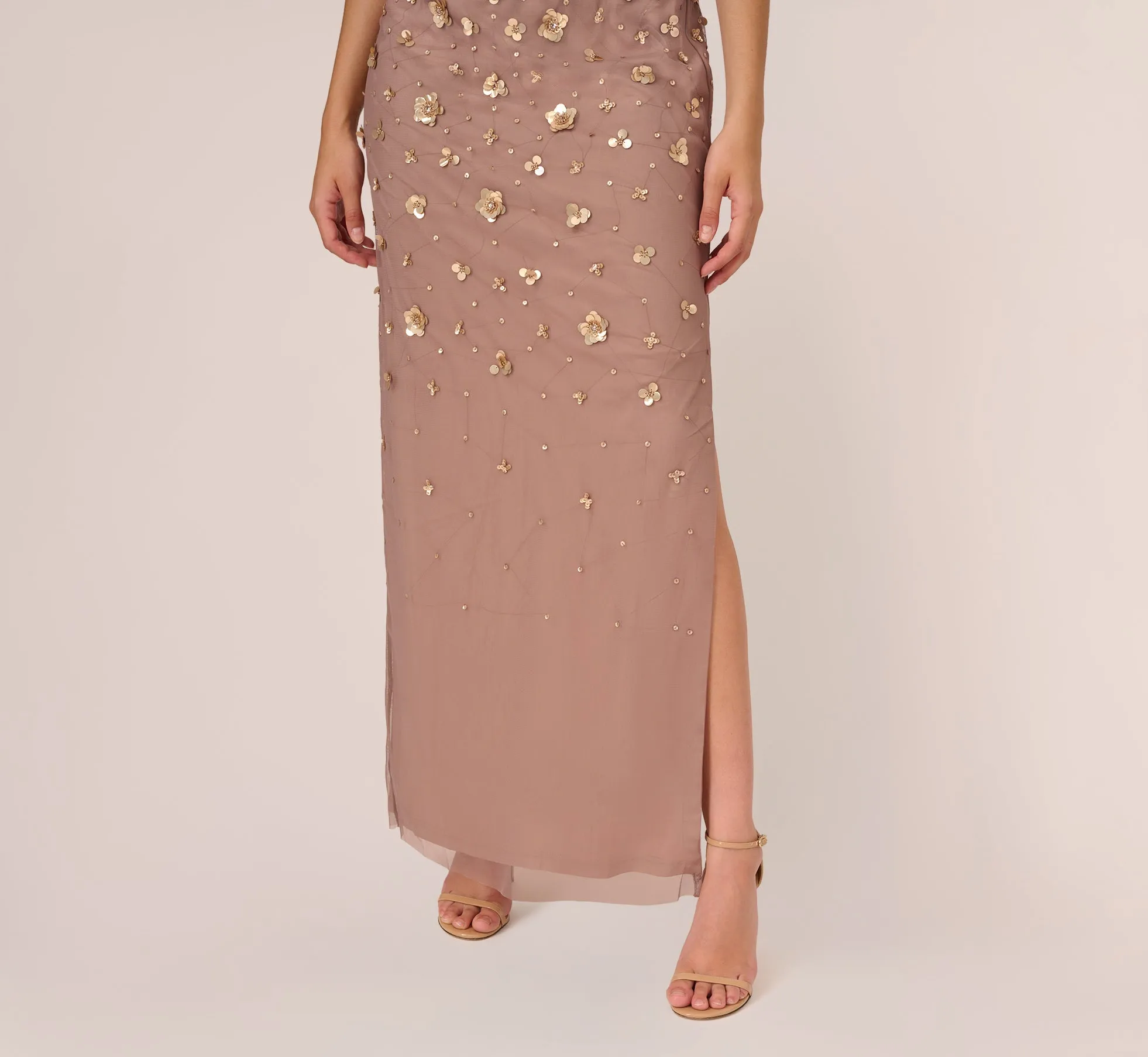 3D Floral Hand-Beaded One-Shoulder Long Column Gown In Stone sold by Adrianna Papell product image thumbnail 4