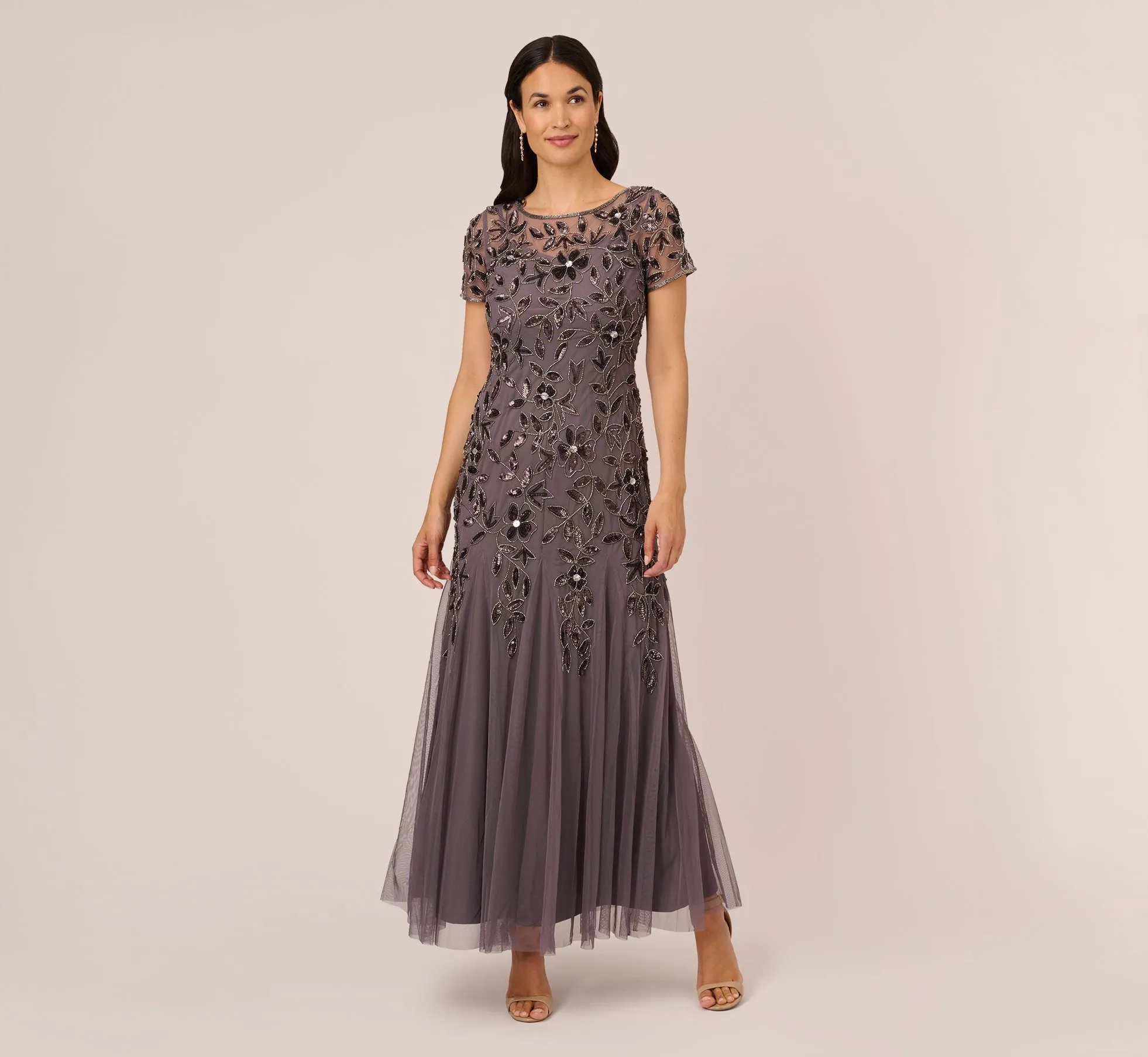 Hand Beaded Short Sleeve Floral Godet Gown In Moonscape sold by Adrianna Papell product image thumbnail 2