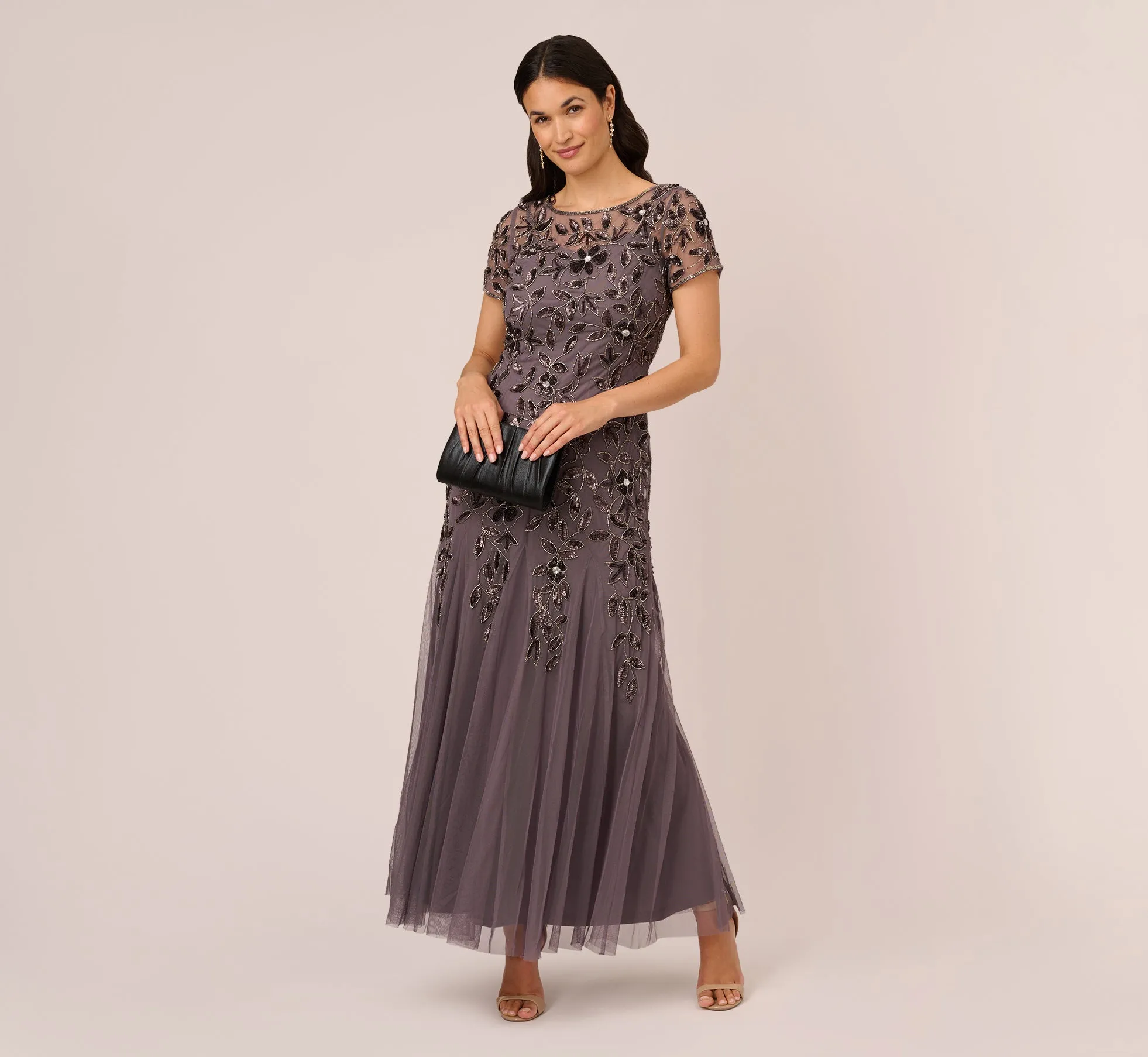 Hand Beaded Short Sleeve Floral Godet Gown In Moonscape sold by Adrianna Papell product image thumbnail 3