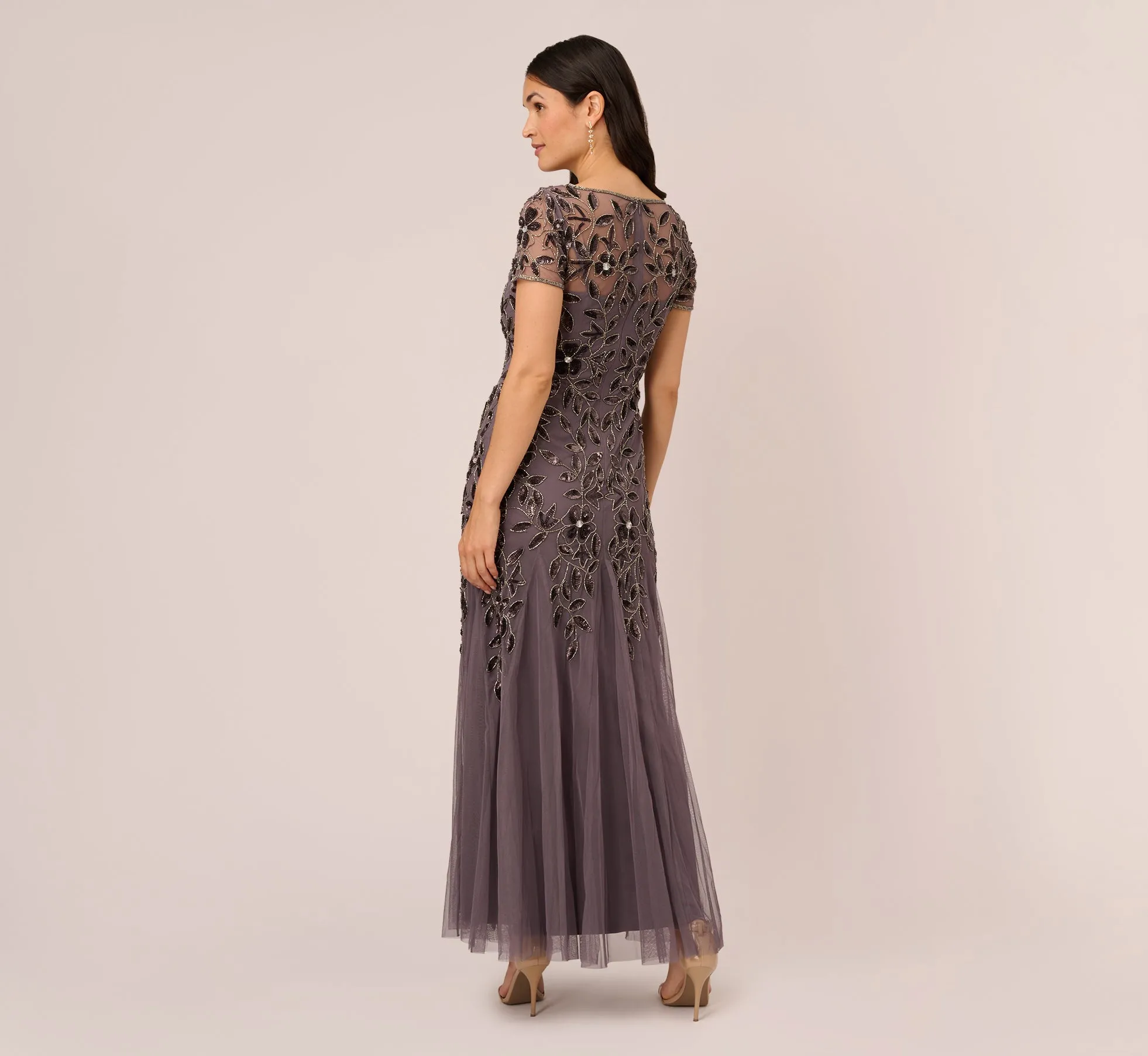 Hand Beaded Short Sleeve Floral Godet Gown In Moonscape sold by Adrianna Papell product image thumbnail 4
