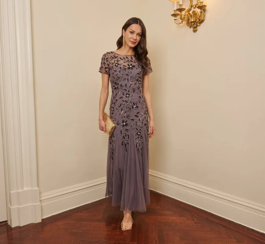 Hand Beaded Short Sleeve Floral Godet Gown In Moonscape sold by Adrianna Papell