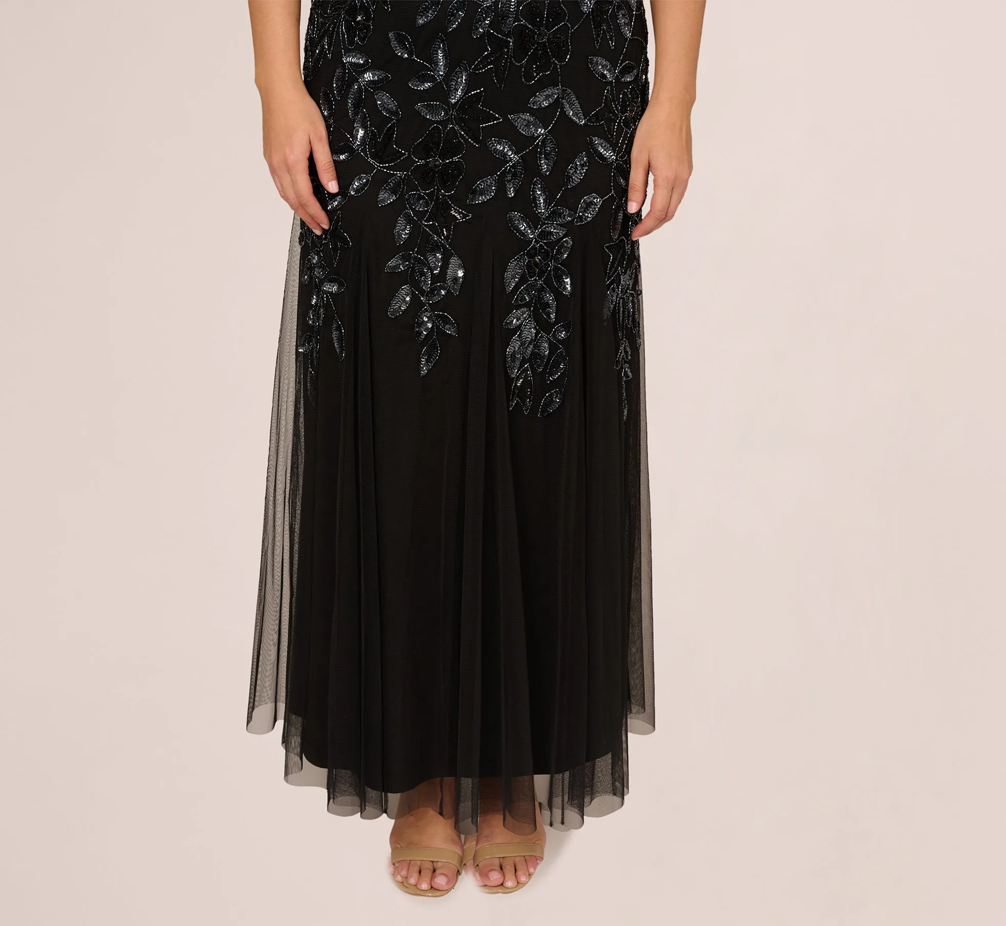Plus Size Hand Beaded Short Sleeve Floral Godet Gown In Black Gunmetal sold by Adrianna Papell product image thumbnail 5
