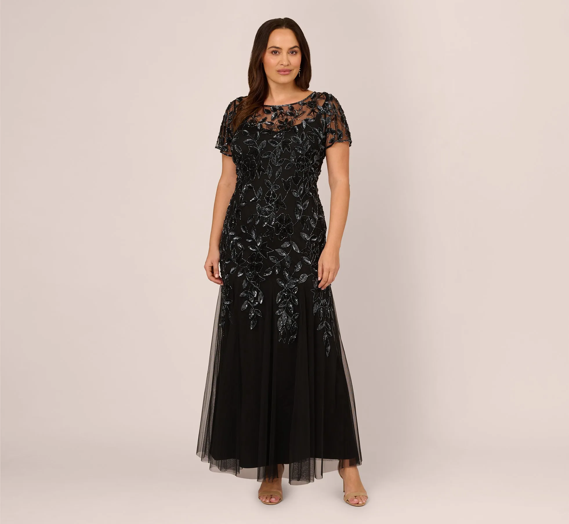 Plus Size Hand Beaded Short Sleeve Floral Godet Gown In Black Gunmetal sold by Adrianna Papell