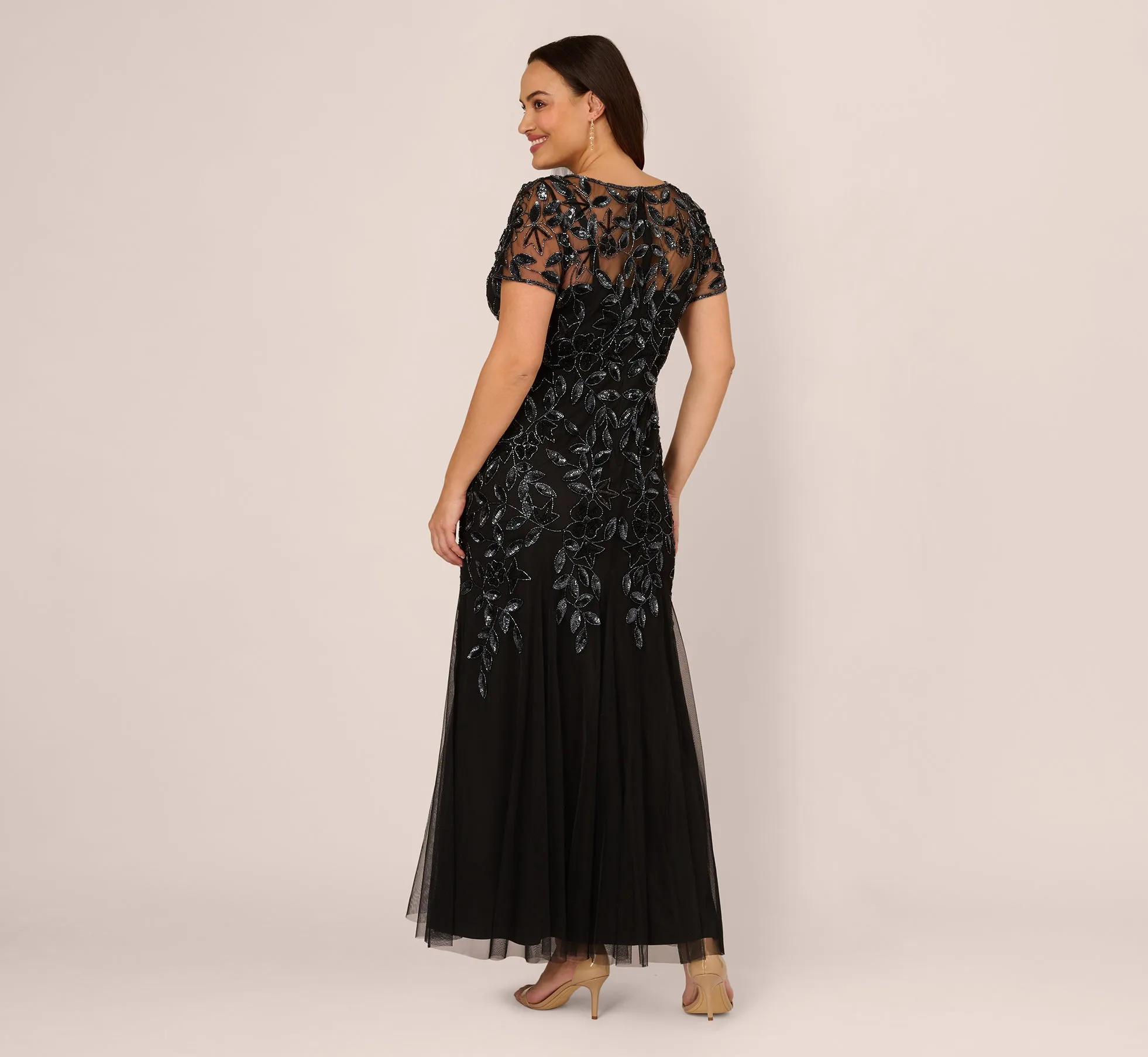 Plus Size Hand Beaded Short Sleeve Floral Godet Gown In Black Gunmetal sold by Adrianna Papell product image thumbnail 4