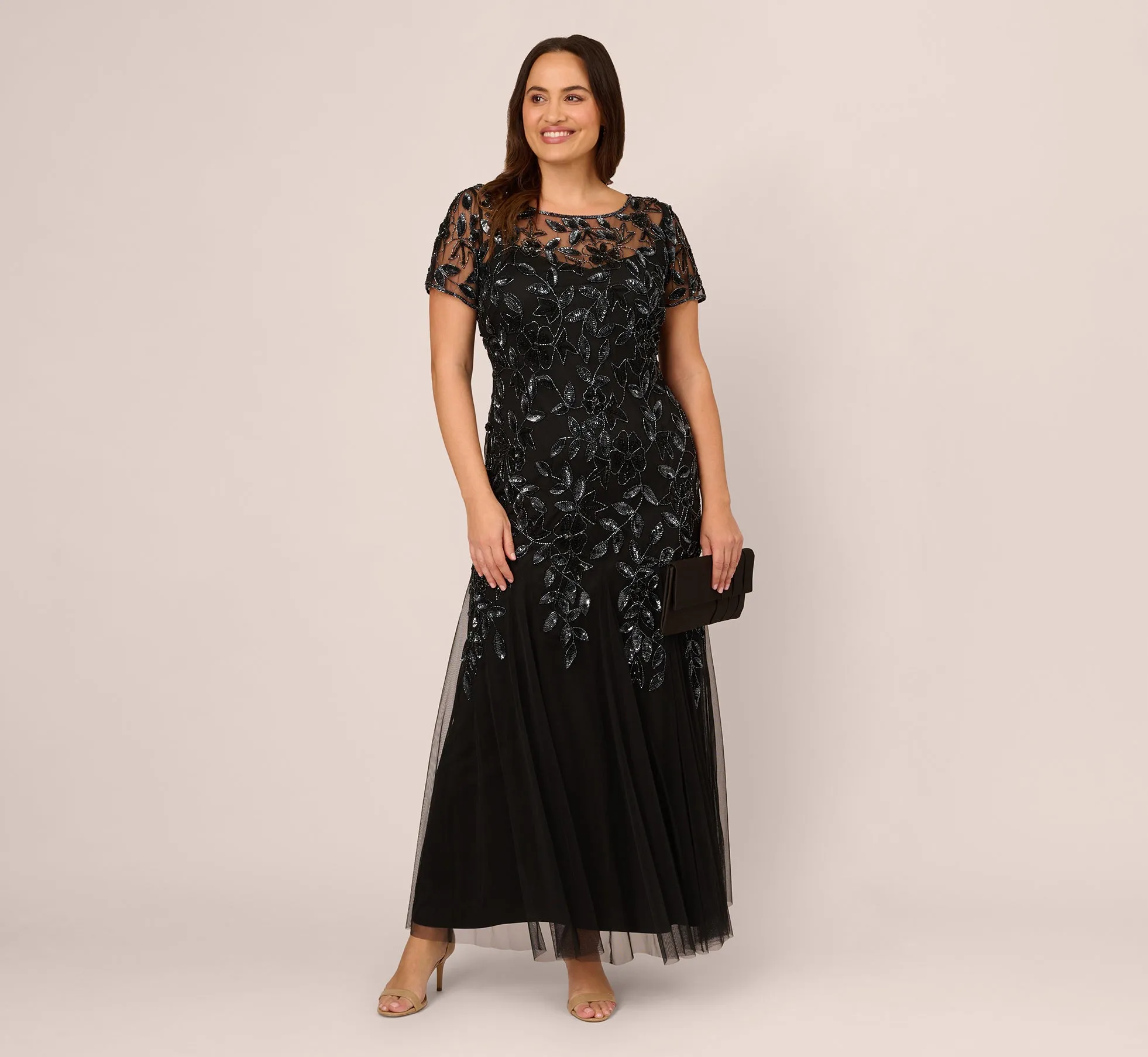 Plus Size Hand Beaded Short Sleeve Floral Godet Gown In Black Gunmetal sold by Adrianna Papell product image thumbnail 2