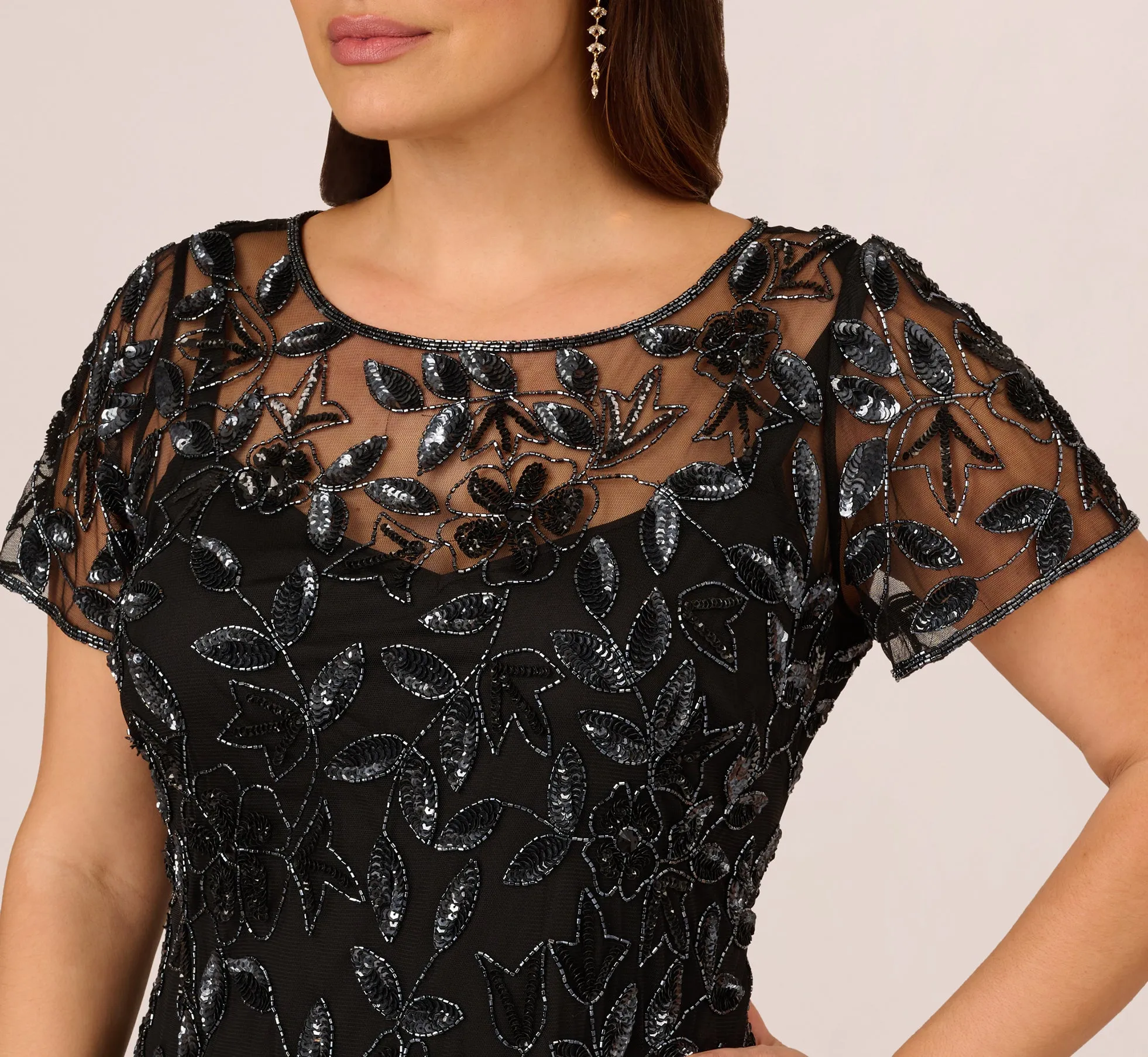 Plus Size Hand Beaded Short Sleeve Floral Godet Gown In Black Gunmetal sold by Adrianna Papell product image thumbnail 3