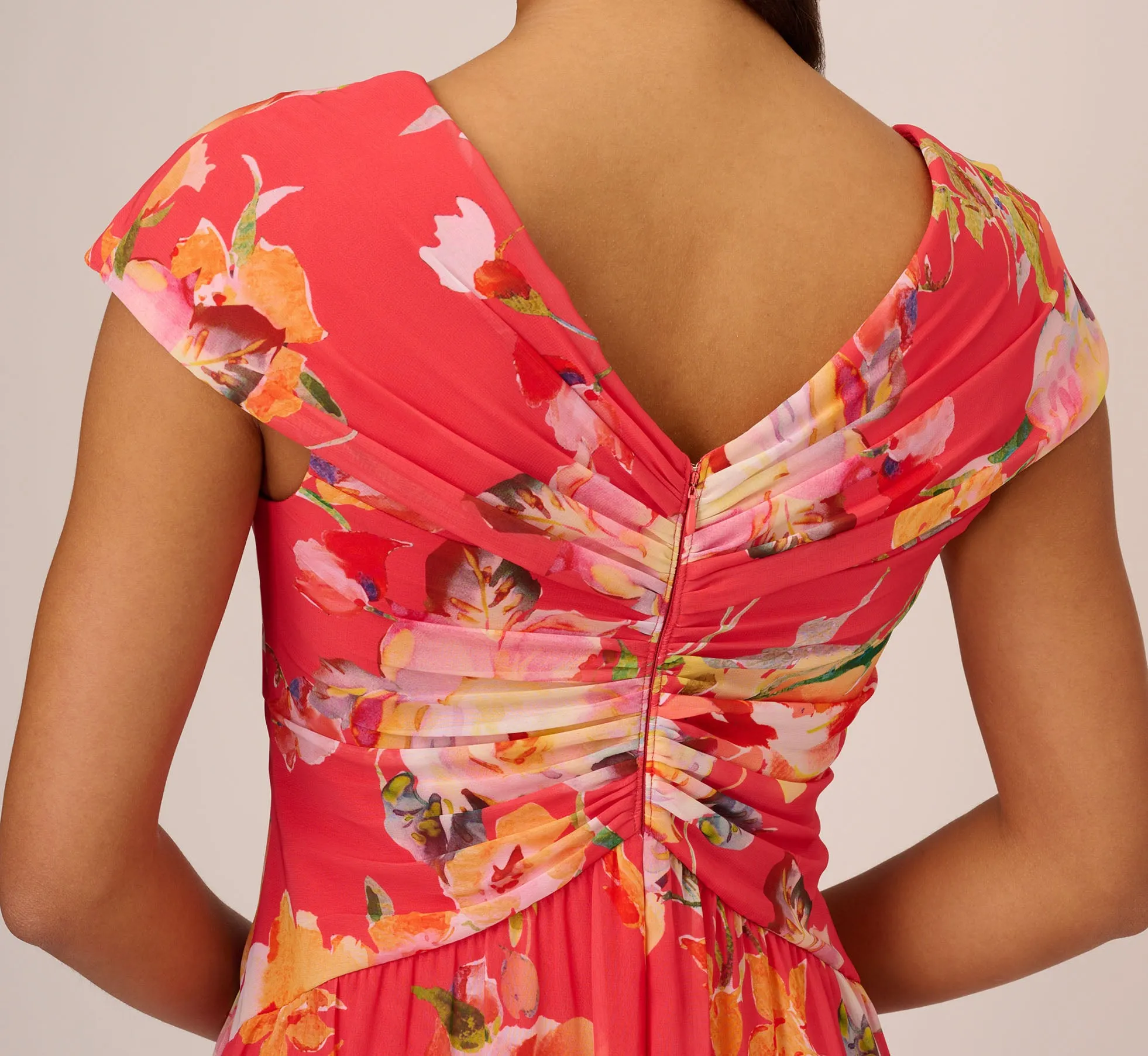 Floral Print Midi Dress With Twist Neckline In Coral Multi sold by Adrianna Papell product image thumbnail 5