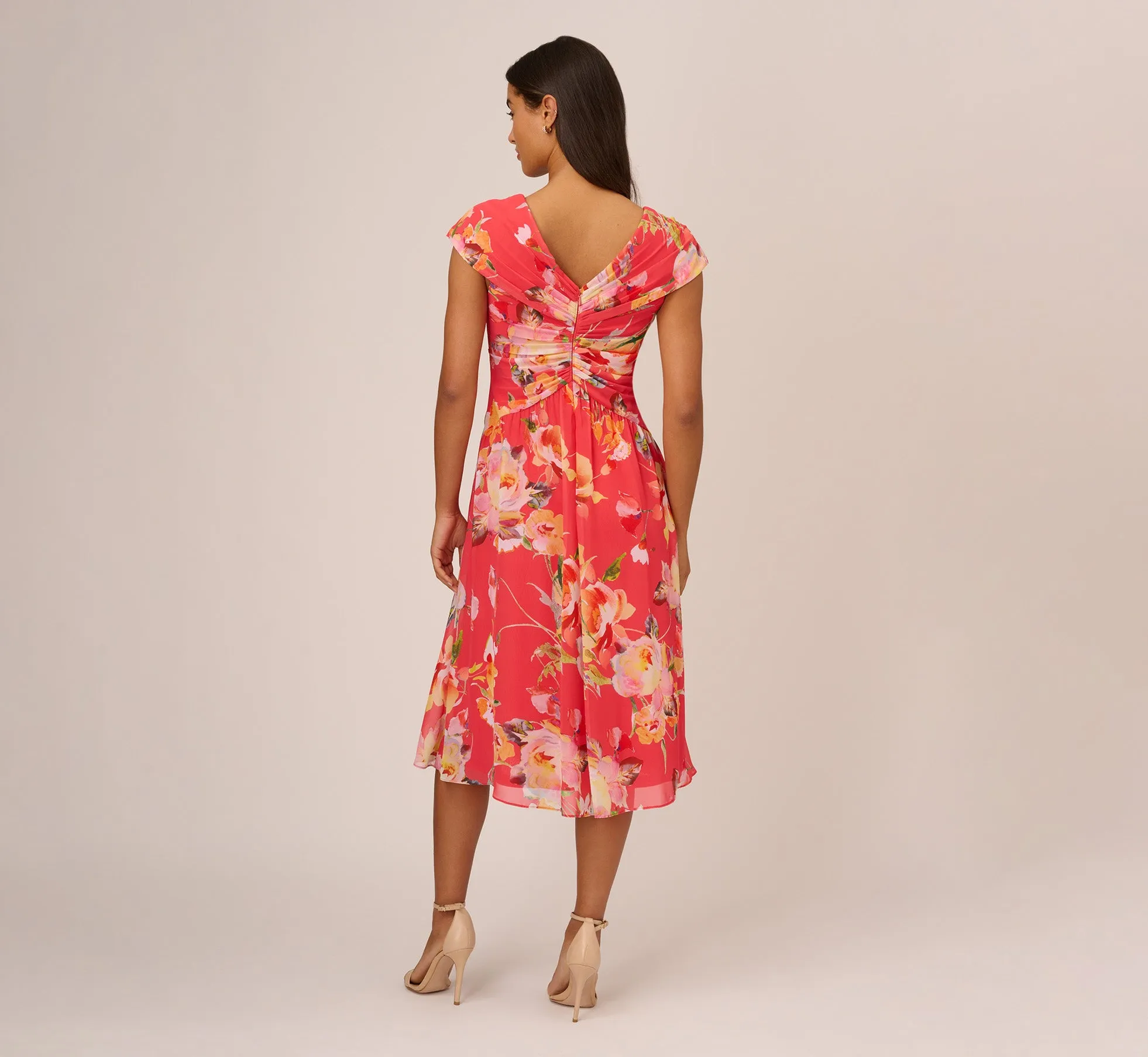 Floral Print Midi Dress With Twist Neckline In Coral Multi sold by Adrianna Papell product image thumbnail 4