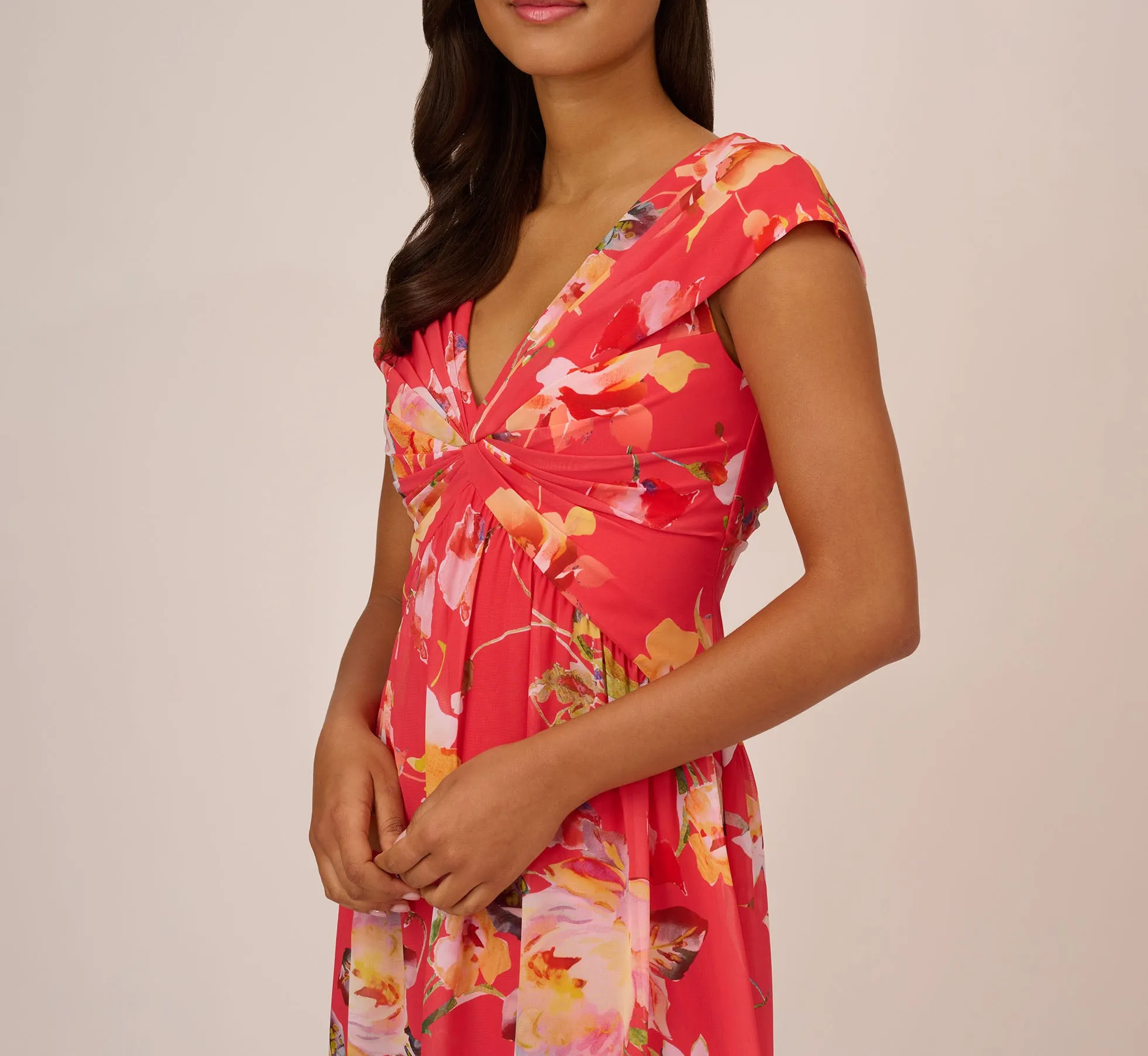 Floral Print Midi Dress With Twist Neckline In Coral Multi sold by Adrianna Papell product image thumbnail 3