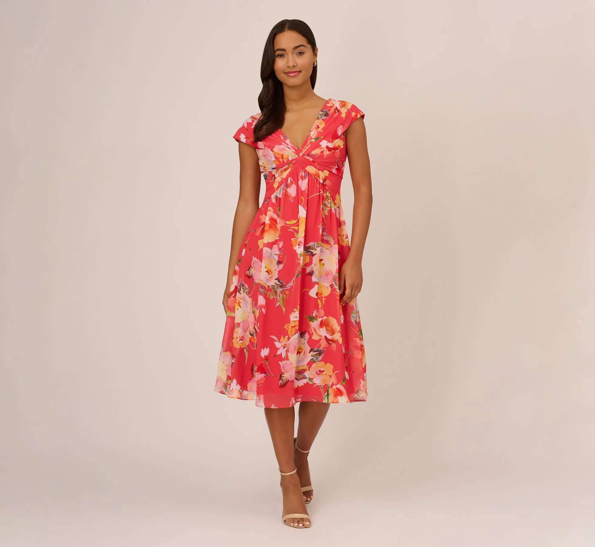 Floral Print Midi Dress With Twist Neckline In Coral Multi sold by Adrianna Papell product image thumbnail 2
