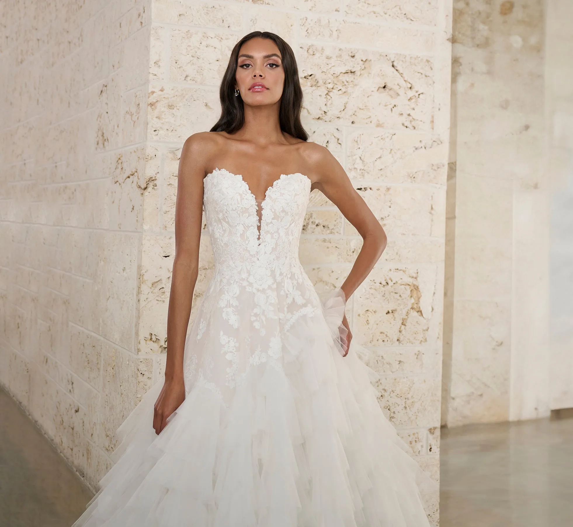 Lace And Tulle Ball Gown With Tulle Ruffles In Ivory French Lilac Nude sold by Adrianna Papell product image thumbnail 2