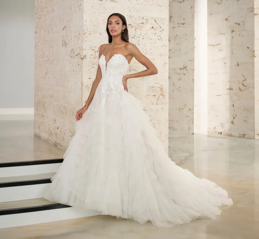 Lace And Tulle Ball Gown With Tulle Ruffles In Ivory French Lilac Nude sold by Adrianna Papell