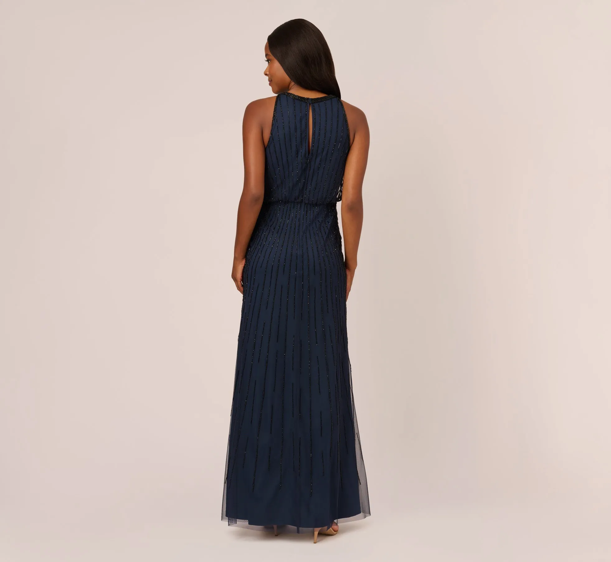Line Beaded Blouson Mermaid Gown With Halter Neckline In Navy Black sold by Adrianna Papell product image thumbnail 4