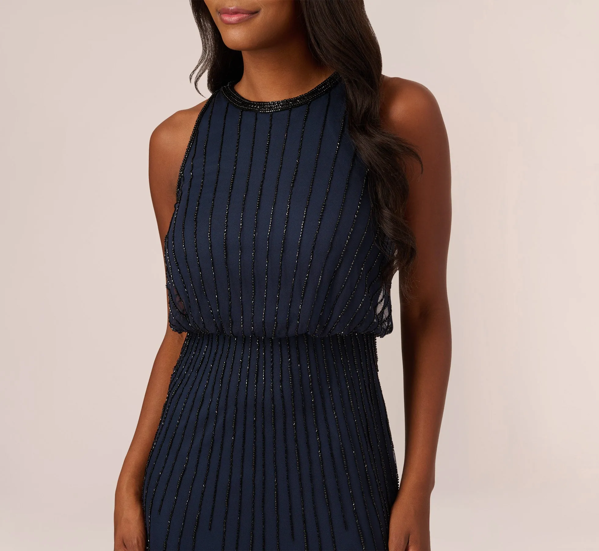 Line Beaded Blouson Mermaid Gown With Halter Neckline In Navy Black sold by Adrianna Papell product image thumbnail 3