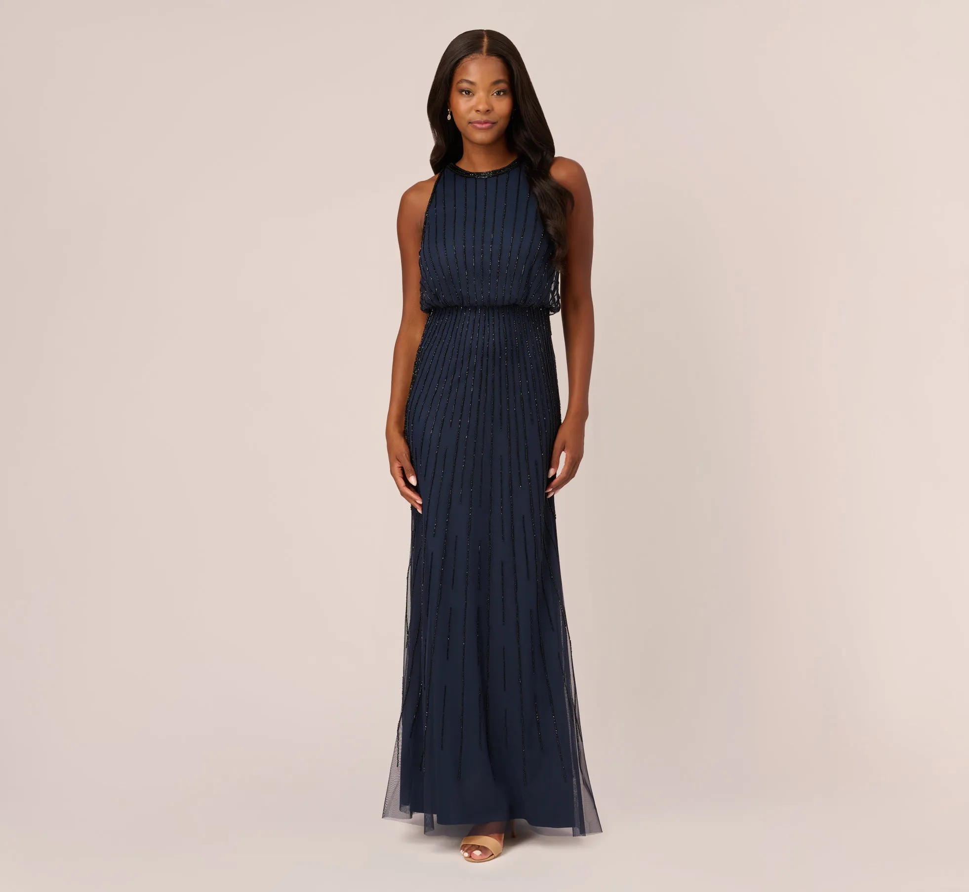 Line Beaded Blouson Mermaid Gown With Halter Neckline In Navy Black sold by Adrianna Papell