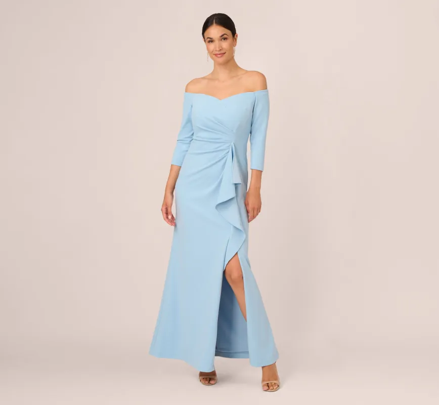 Off The Shoulder Cascading Ruffle Gown In Blue Mist sold by Adrianna Papell