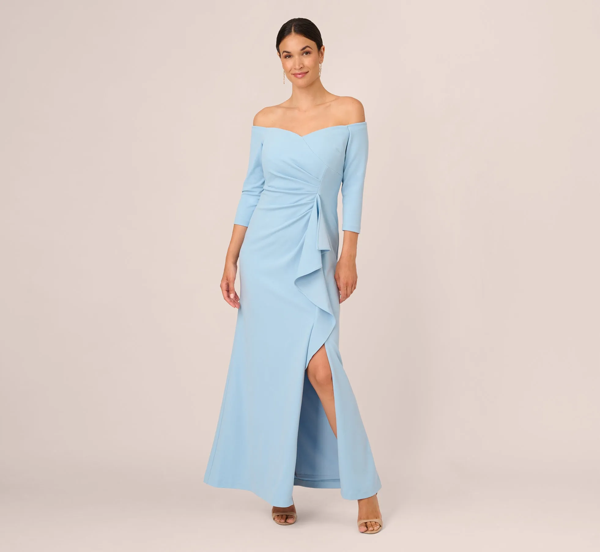 Off The Shoulder Cascading Ruffle Gown In Blue Mist sold by Adrianna Papell